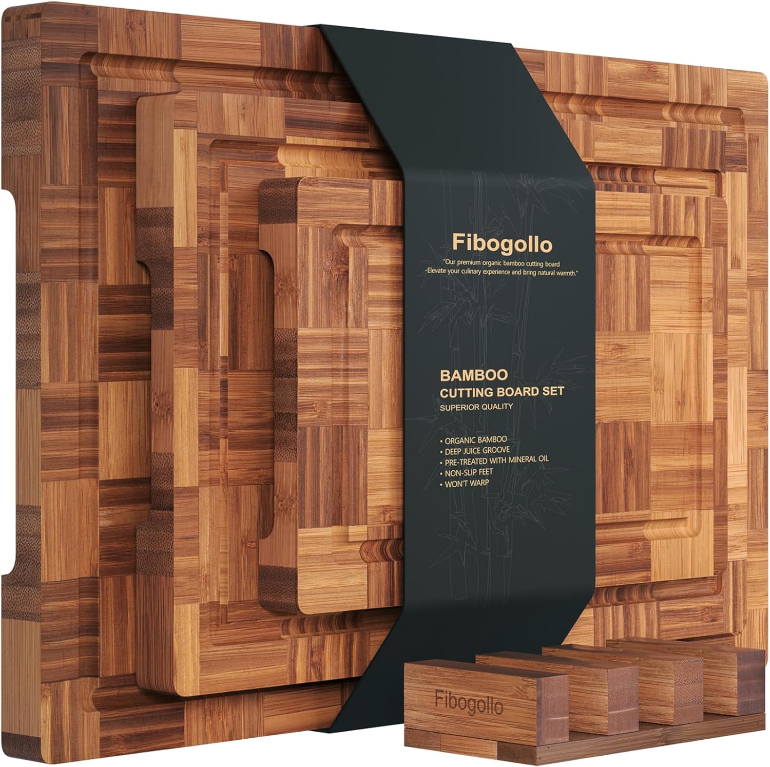 Bamboo Cutting Boards for Kitchen – Chopping Boards Set with Juice Groove, End Grain Bamboo Butcher Block, Serving Board with Holder (3 Pcs) - Buy Online USA | SimraCart