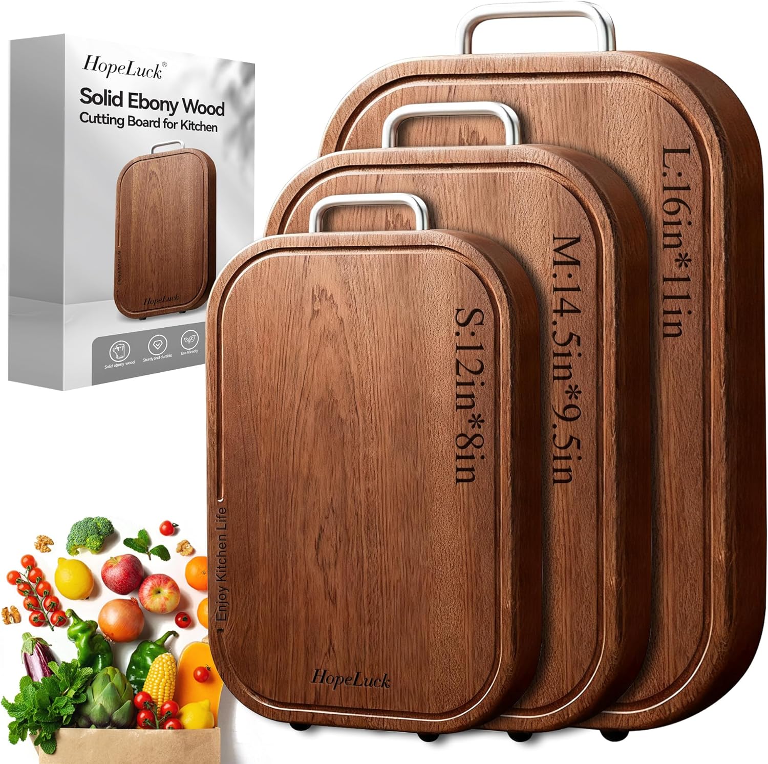 3 Pack Wood Cutting Board – Solid Ebony Wooden Cutting Boards for Kitchen – Double Sided Butcher Block with Juice Groove – Non Slip Feet – 1 Inch Thick Chopping Board for Meat and Vegetables