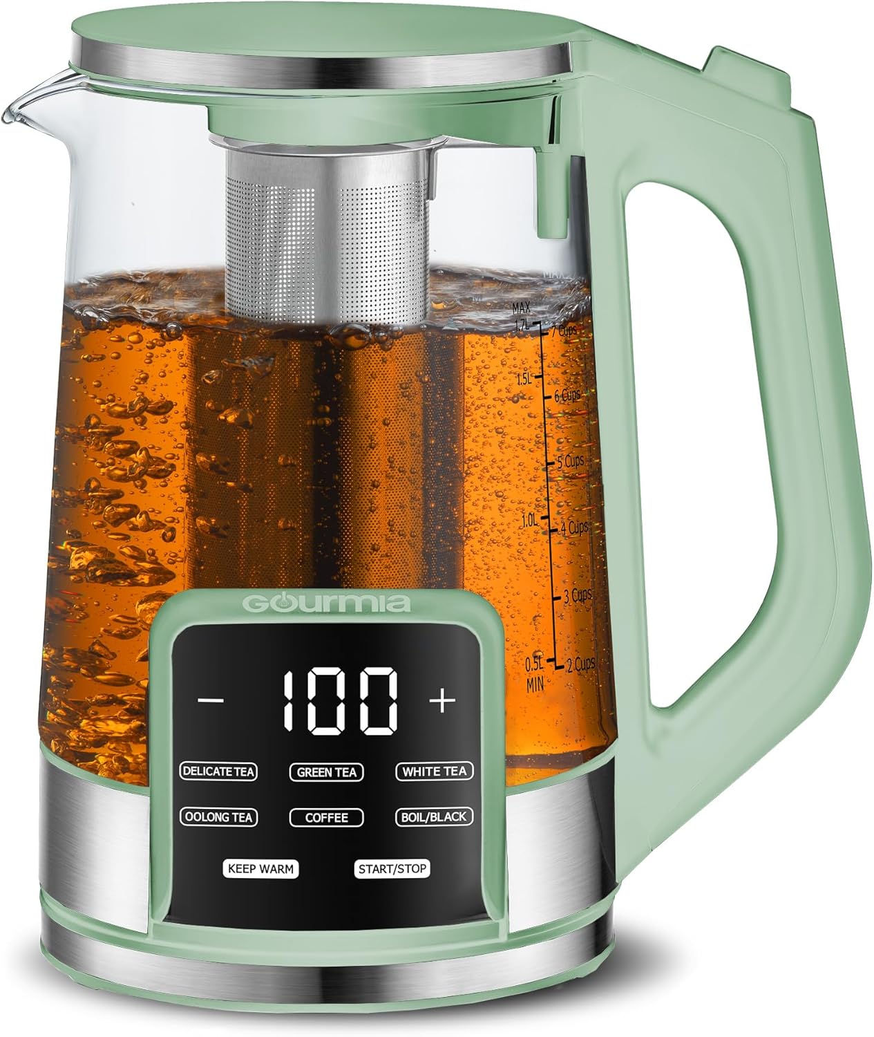 Electric Glass Kettle 1.7L Programmable Tea & Coffee Brewer – Digital Touch Display with 6 Presets – Removable Stainless Steel Infuser – Cordless 360° Swivel Base – Green - Buy Online at SimraCart