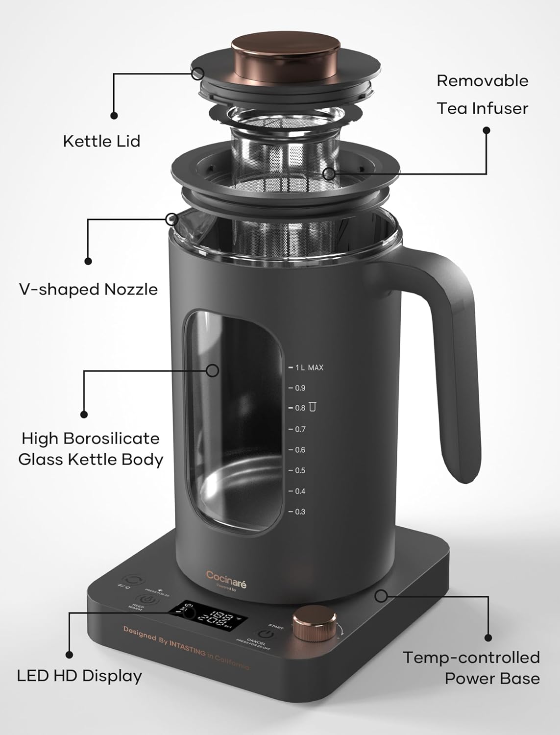 INTASTING Electric Tea Kettle with Tea Infuser – Precise Knob Temperature Control – 1200W Fast Heating – BPA Free – Easy Clean – 1 Liter Dark Gray - Image 2