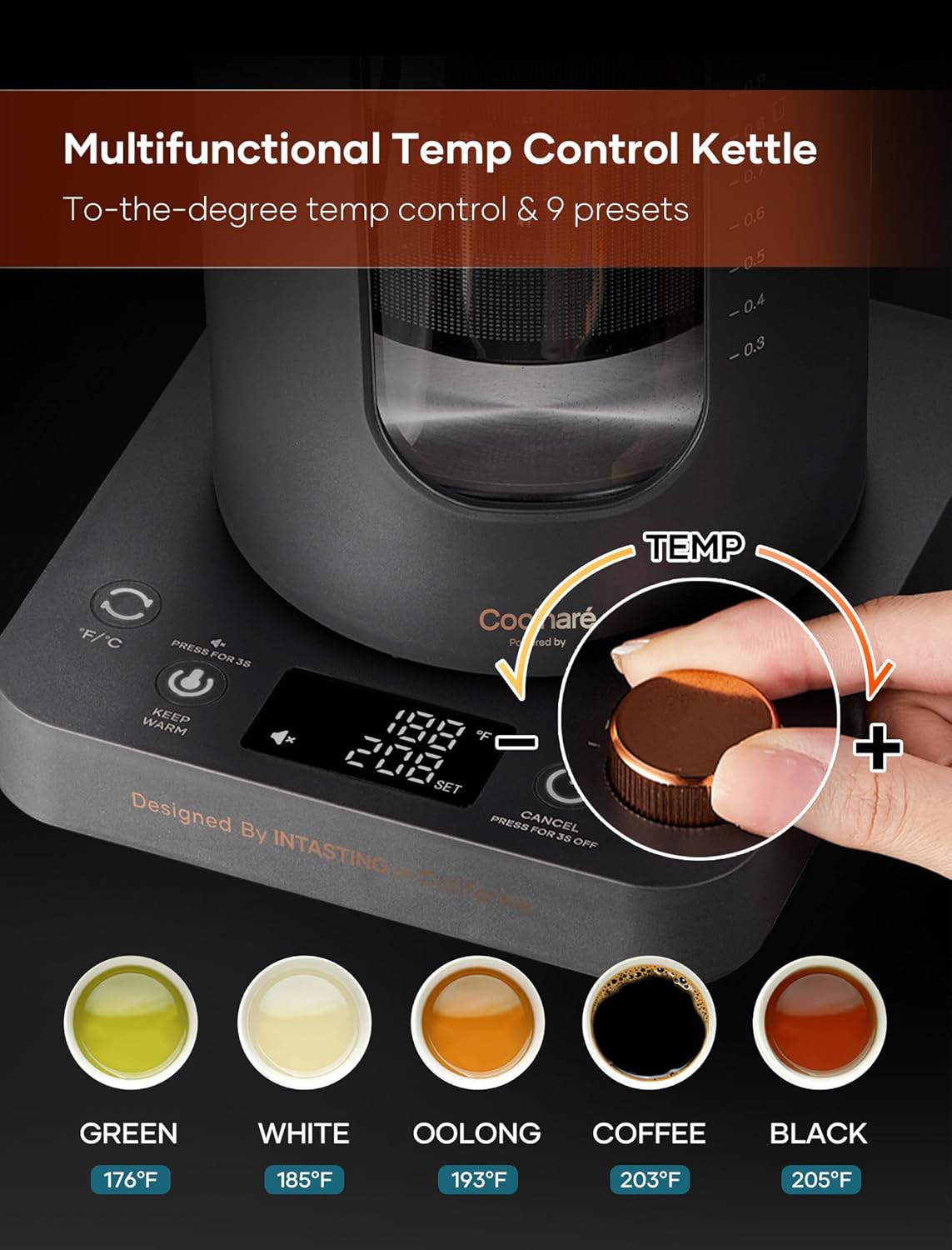 INTASTING Electric Tea Kettle with Tea Infuser – Precise Knob Temperature Control – 1200W Fast Heating – BPA Free – Easy Clean – 1 Liter Dark Gray - Image 3