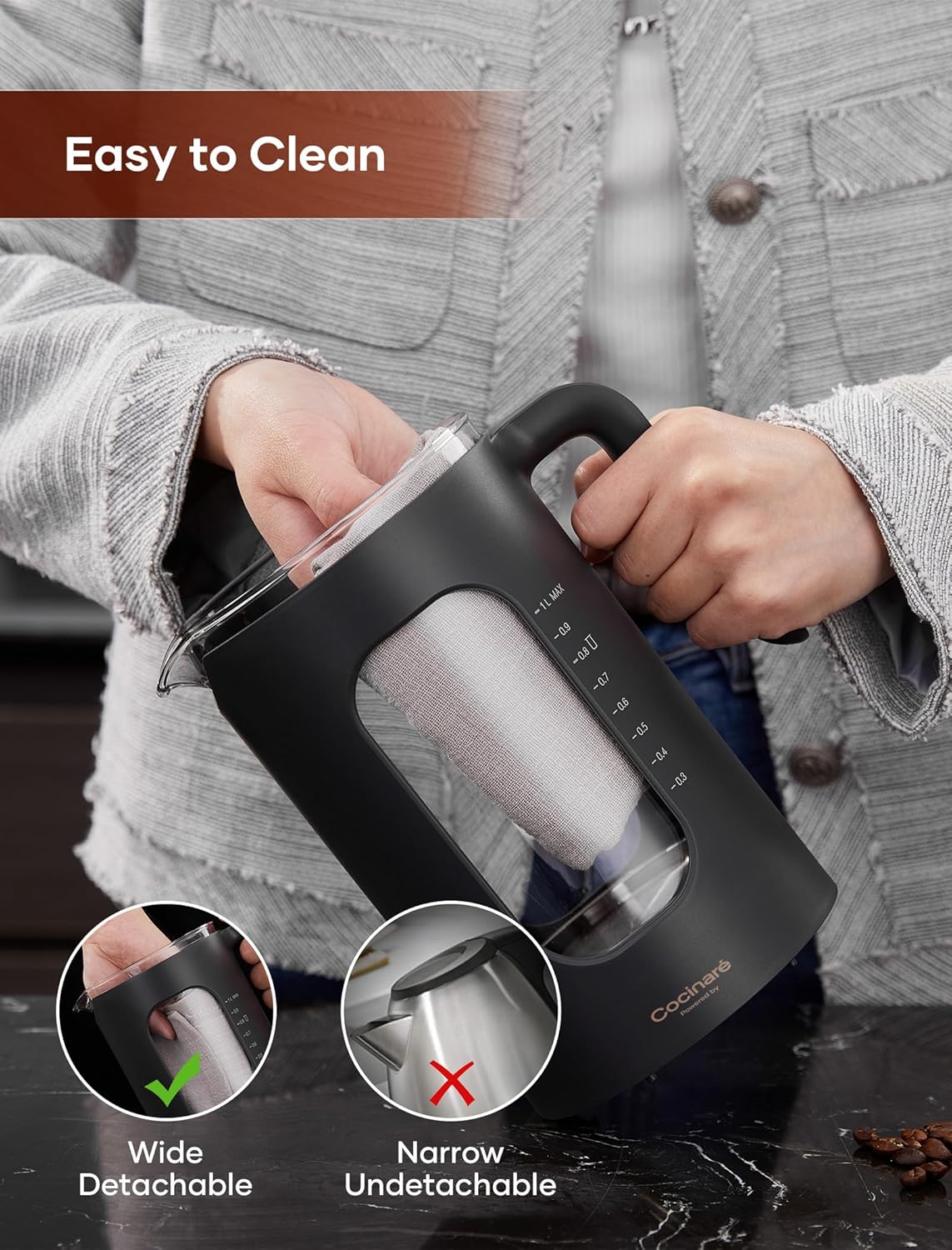INTASTING Electric Tea Kettle with Tea Infuser – Precise Knob Temperature Control – 1200W Fast Heating – BPA Free – Easy Clean – 1 Liter Dark Gray - Image 6