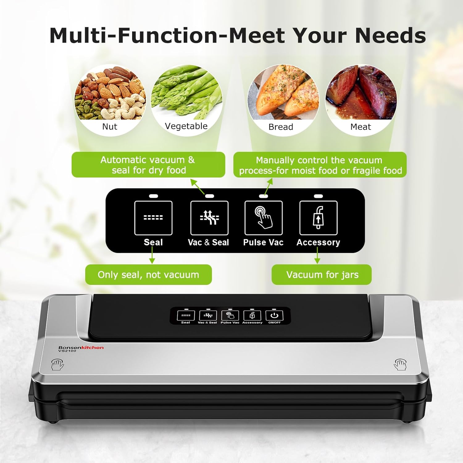 Vacuum Sealer Machine – Compact Food Sealer for Kitchen Storage & Meal Prep – Multiple Modes – External Vacuum System – 5 Bags Included – Silver - Image 2