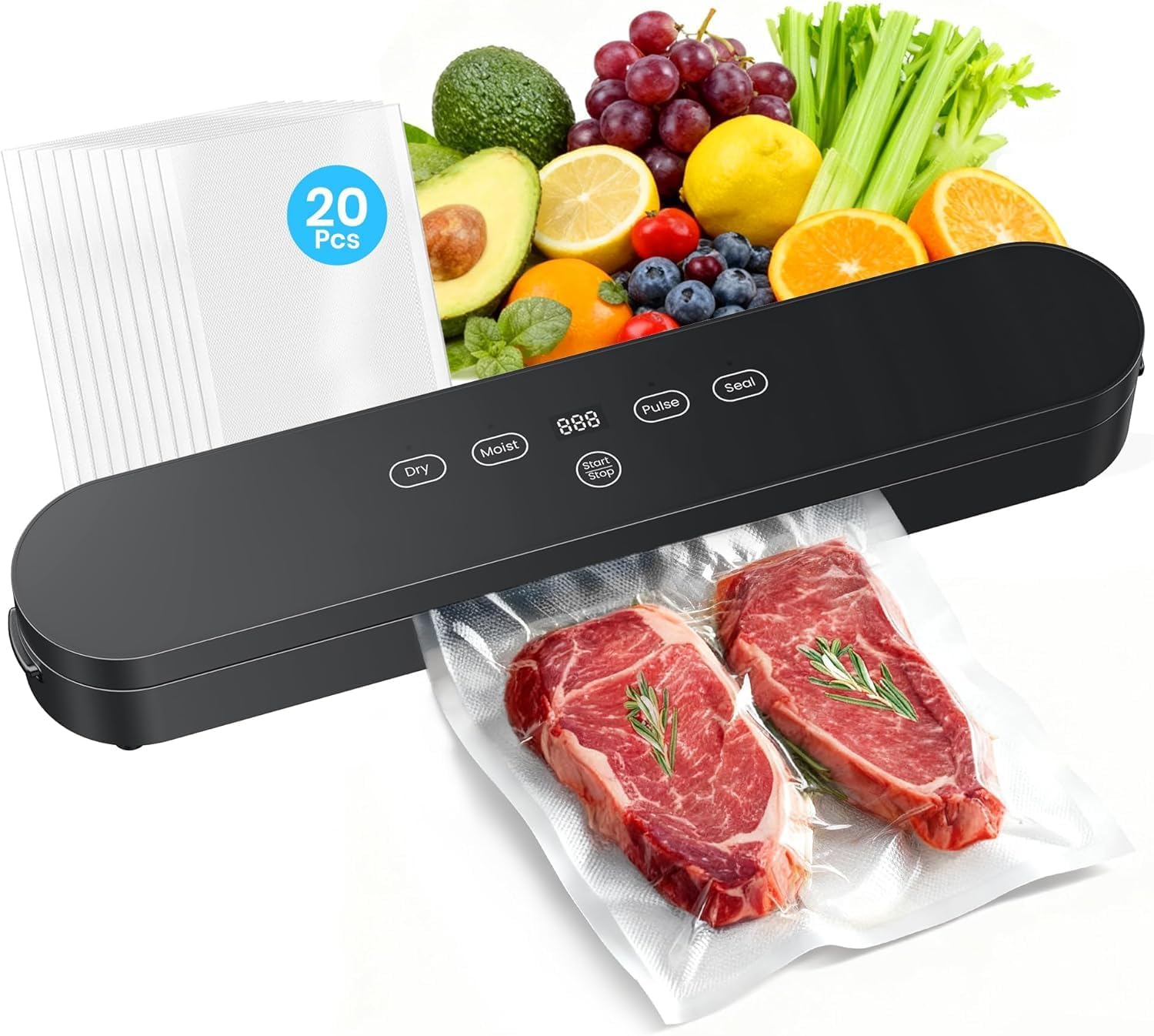 75kPa Compact Vacuum Sealer Machine – 4-in-1 Food Sealer with Digital Timer – Moist Dry Pulse Seal Modes – Includes 20 Vacuum Bags – Black - Buy Online at SimraCart
