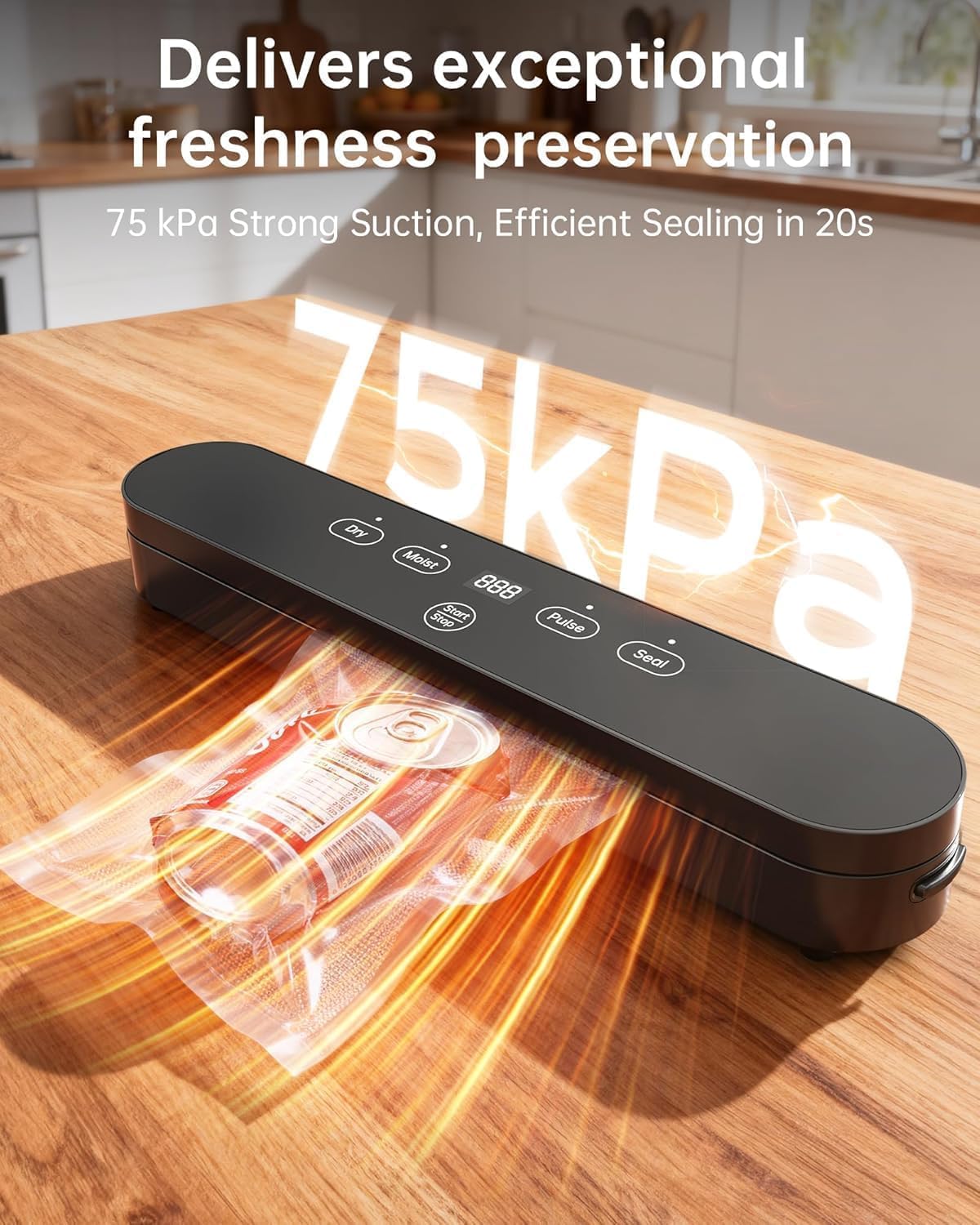 75kPa Compact Vacuum Sealer Machine – 4-in-1 Food Sealer with Digital Timer – Moist Dry Pulse Seal Modes – Includes 20 Vacuum Bags – Black - Image 2