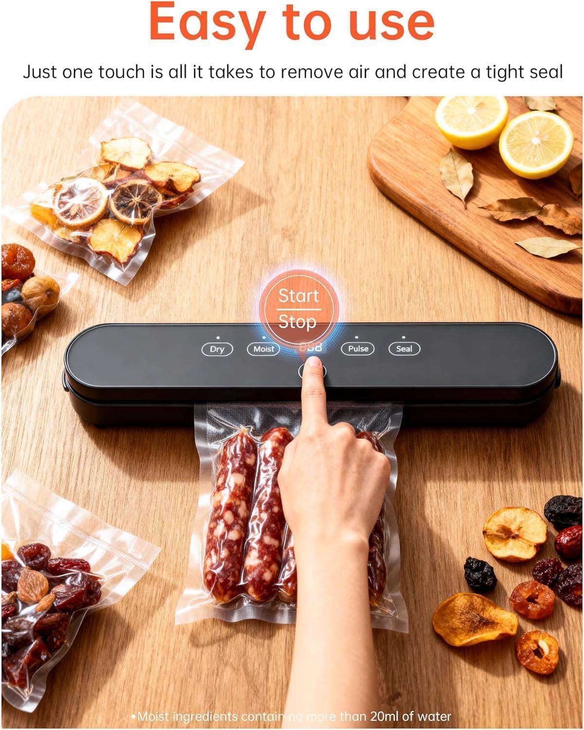 75kPa Compact Vacuum Sealer Machine – 4-in-1 Food Sealer with Digital Timer – Moist Dry Pulse Seal Modes – Includes 20 Vacuum Bags – Black - Image 4