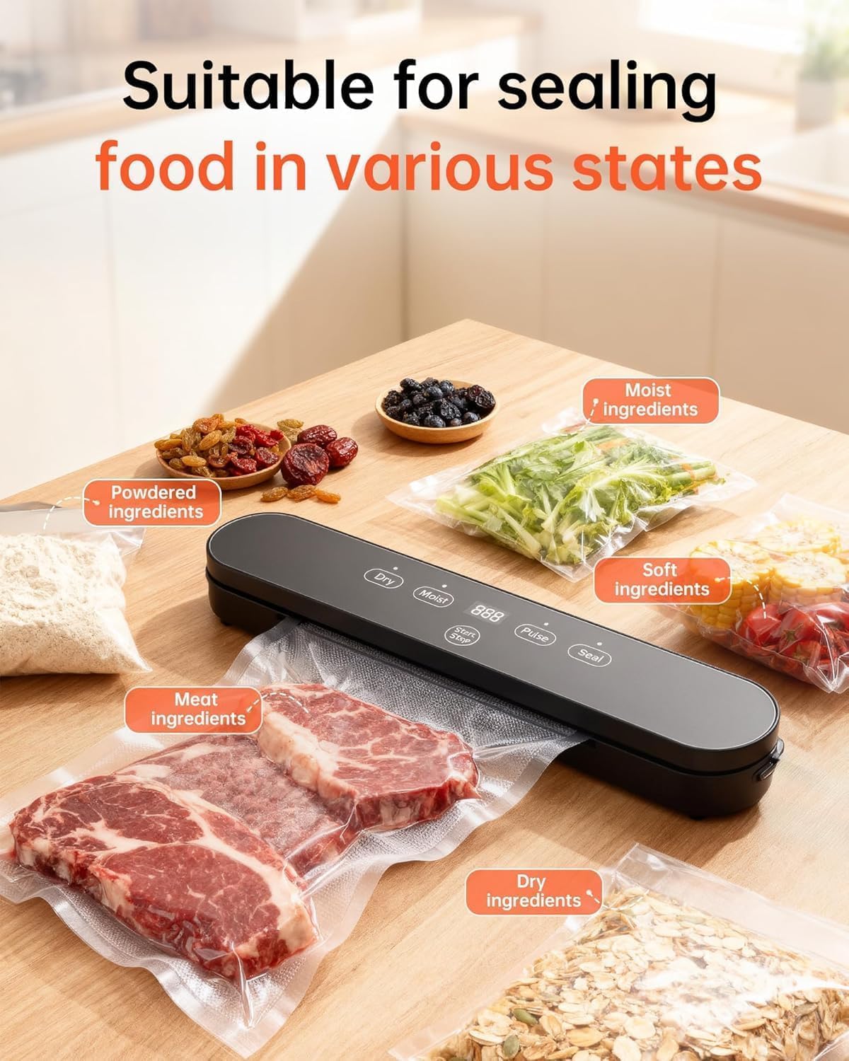 75kPa Compact Vacuum Sealer Machine – 4-in-1 Food Sealer with Digital Timer – Moist Dry Pulse Seal Modes – Includes 20 Vacuum Bags – Black - Image 6