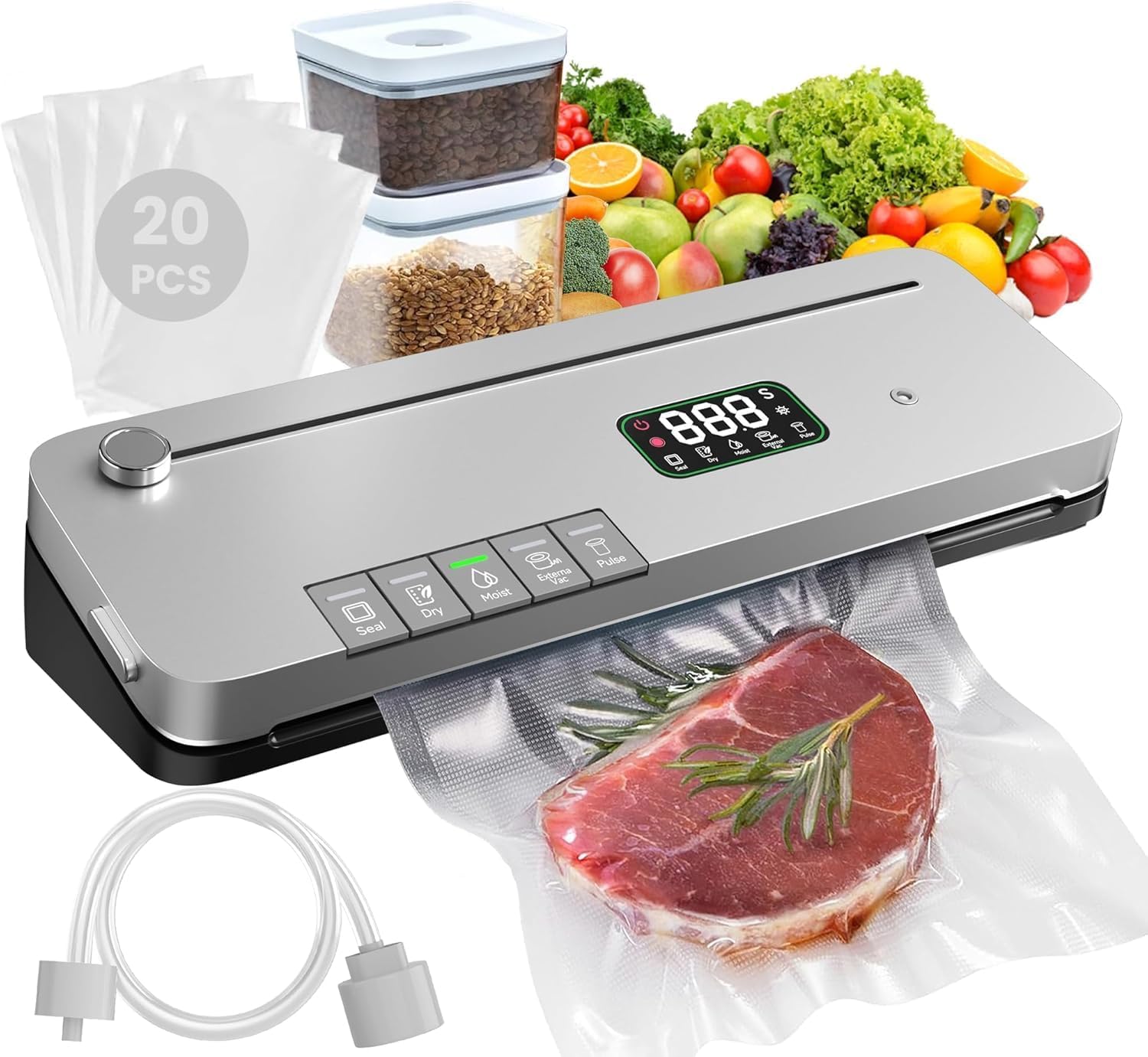 Food Vacuum Sealer Machine – 75KPa Strong Suction – Digital Timer – Built in Cutter – Pulse Function – Dry & Moist Modes – External Vacuum for Jars – 20 Bags Included - Buy Online at SimraCart