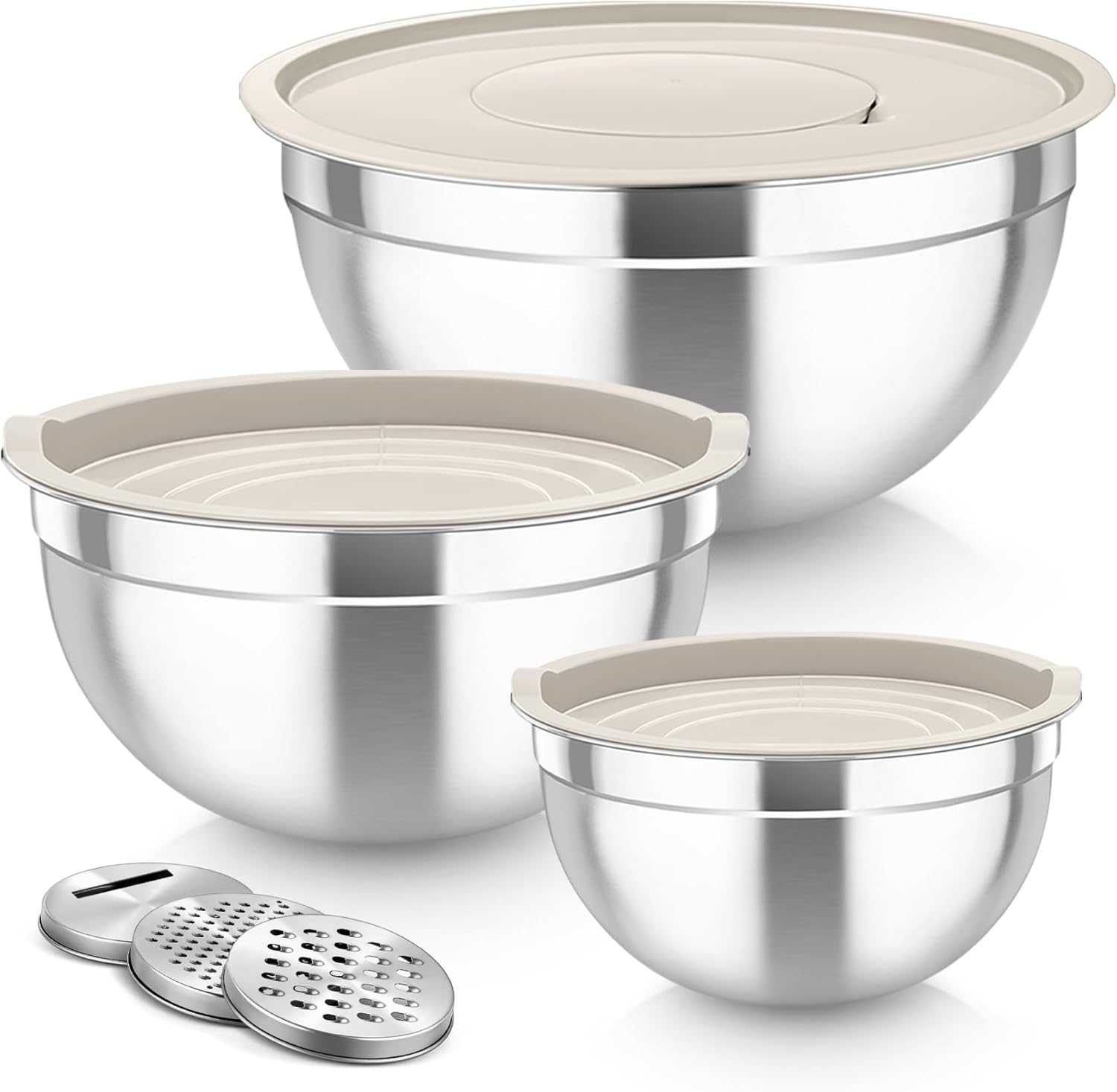 Stainless Steel Nesting Salad Bowls with Lids Set of 3 & 3 Grater Attachments – For Mixing, Serving and Storing – Non Toxic & Long Lasting – Sizes 4.6, 3, and 1.5 Quarts – Khaki - Buy Online USA | SimraCart