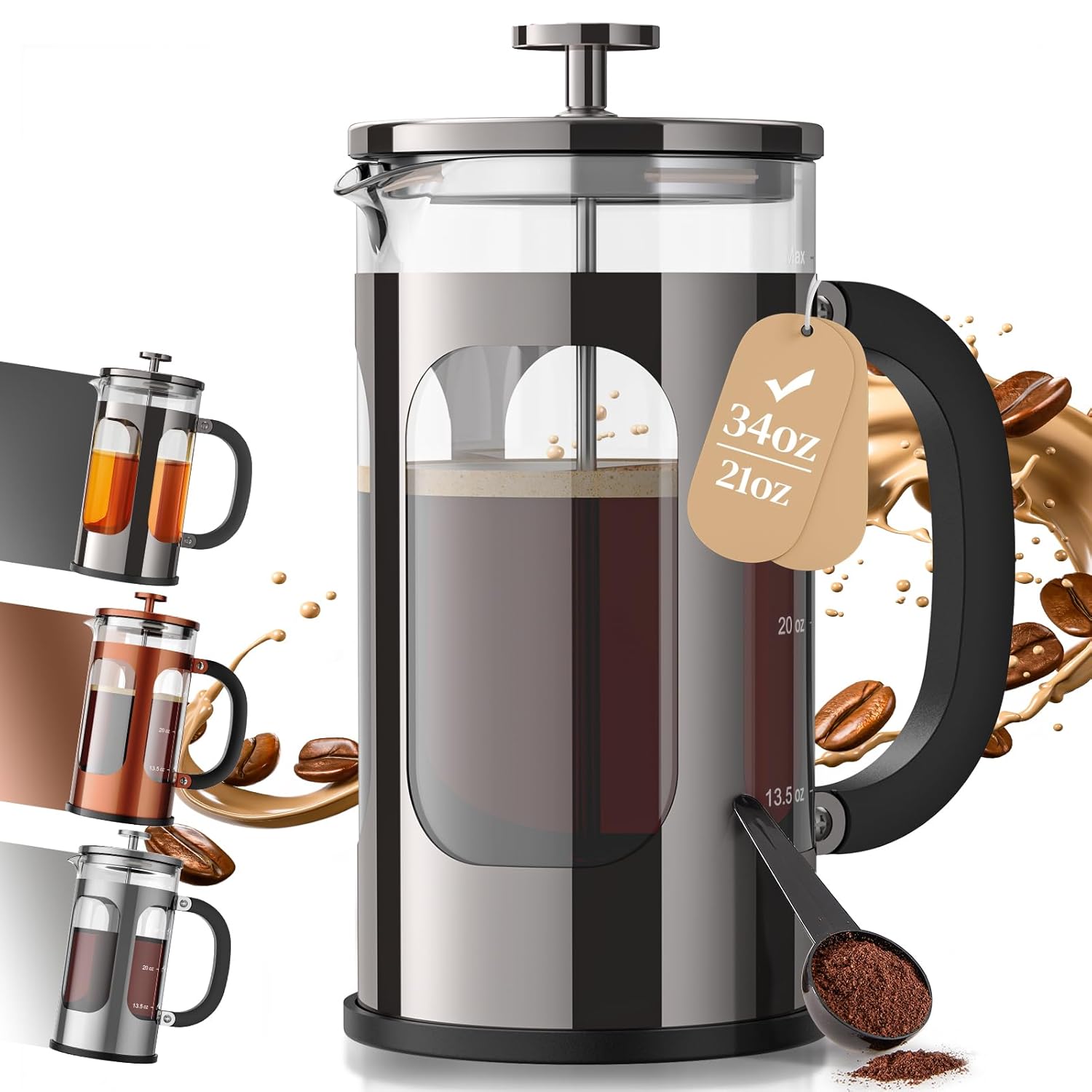 French Press Coffee Maker 34oz – No Plastic Touching Coffee – Thickened Glass Stainless Steel Brewer – Cold Brew Cafetera & Teapot – for Kitchen, Travel, Camping, Gifts, Decor, Bar Accessories – Dark Pewter - Buy Online at SimraCart