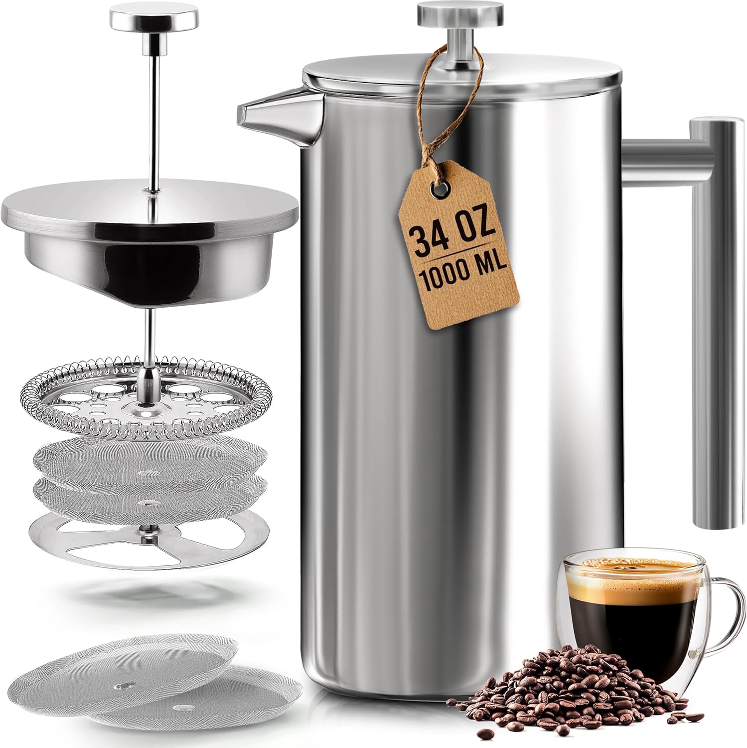 304 Grade Stainless Steel French Press Coffee Maker 34 Oz – Double Wall Insulated Coffee Press with 4 Level Filtration System – Includes 2 Extra Filters – Rust Free – Dishwasher Safe – Silver - Buy Online USA | SimraCart