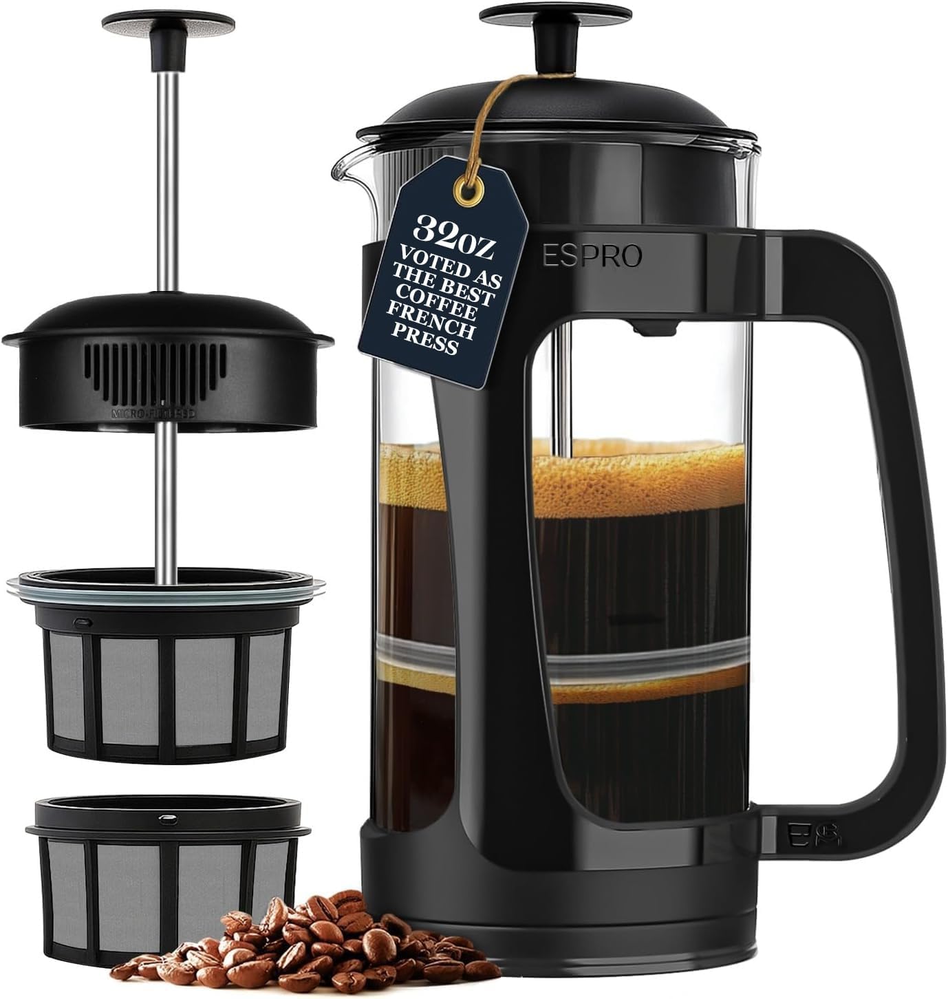 Light P3 French Press Coffee Maker – Patented Double Micro Filter for Grit Free Brew – Heat Resistant Thicker Borosilicate Glass Coffee Press – Black, 32 Ounce - Buy Online at SimraCart