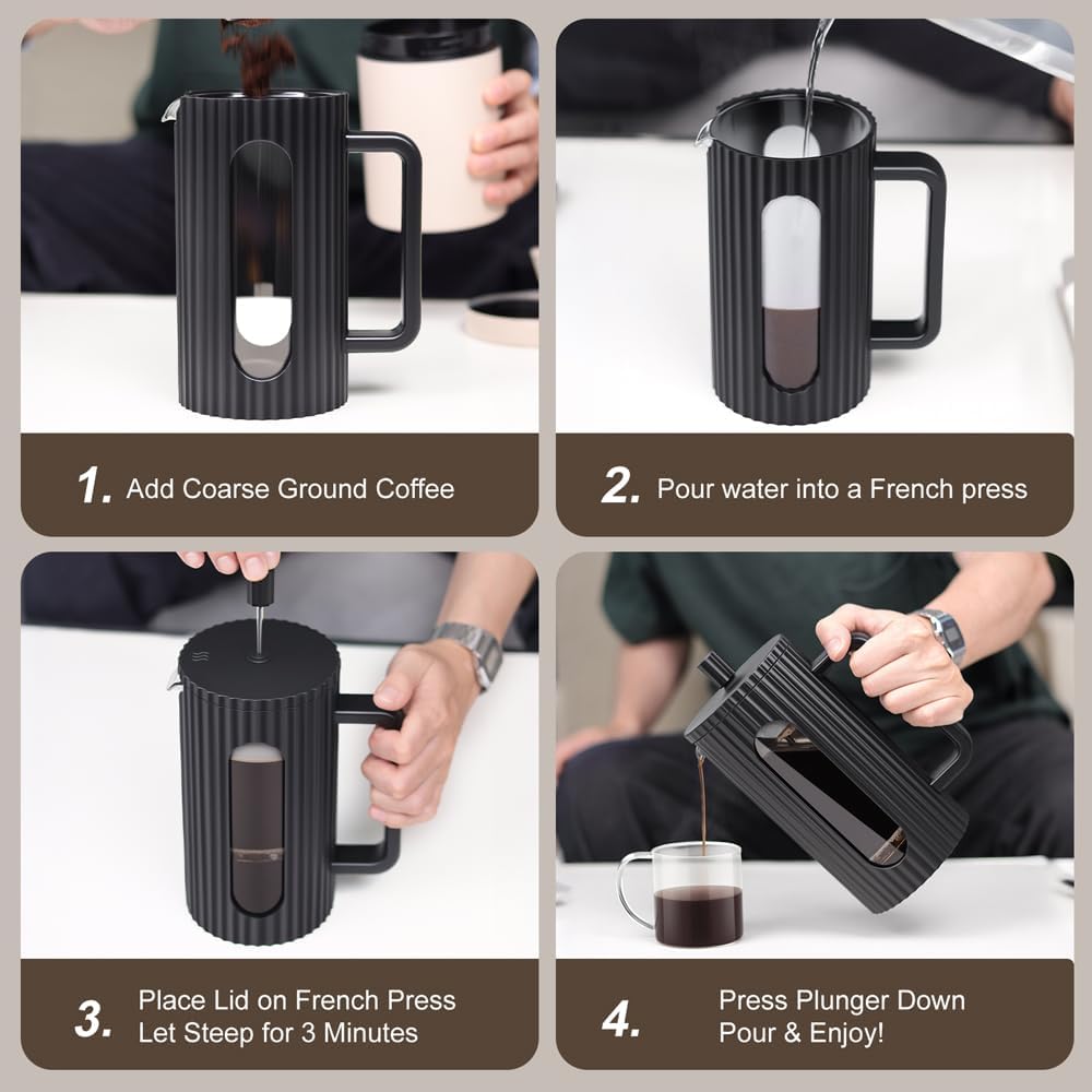 French Press Coffee Maker 12 Ounce – Heat Resistant Borosilicate Glass Carafe – Tea Maker & Coffee Press Frother Brewer – 350ml - Image 2