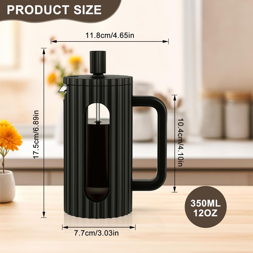 French Press Coffee Maker 12 Ounce – Heat Resistant Borosilicate Glass Carafe – Tea Maker & Coffee Press Frother Brewer – 350ml - Image 3