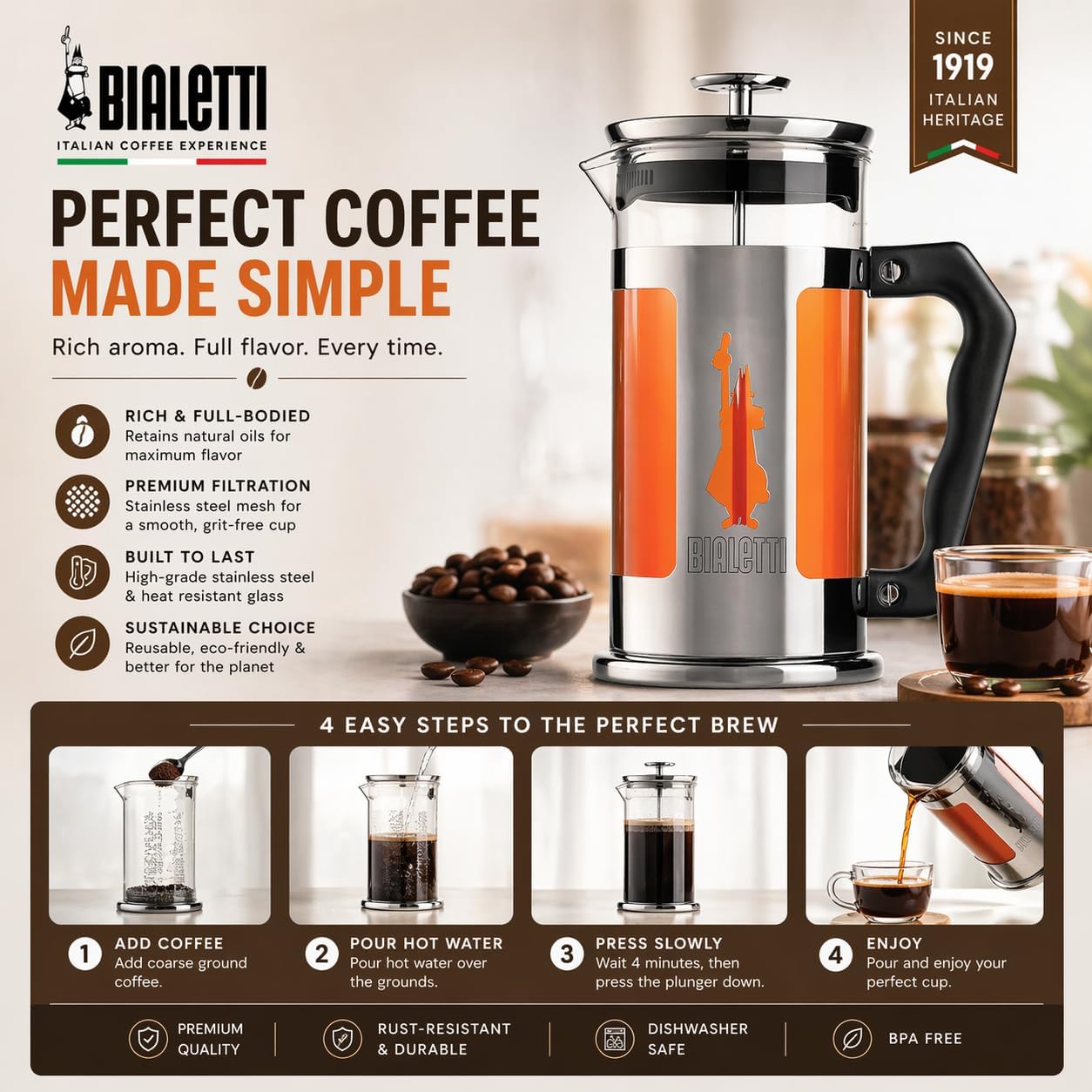 Coffeepress French Press Coffee Maker, 8 Cup – Preziosa Stainless Steel – Model 06852 - Image 5