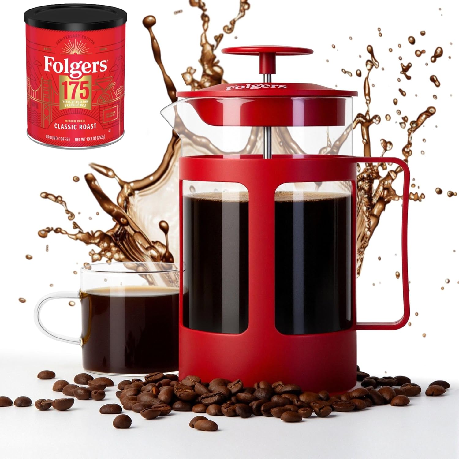 Folgers Coffee French Press – 600ml Heat Resistant Glass Coffee Maker with Stainless Steel Filter – Durable Red Frame & Handle – Easy Brewing for Fresh, Bold Flavor - Buy Online at SimraCart
