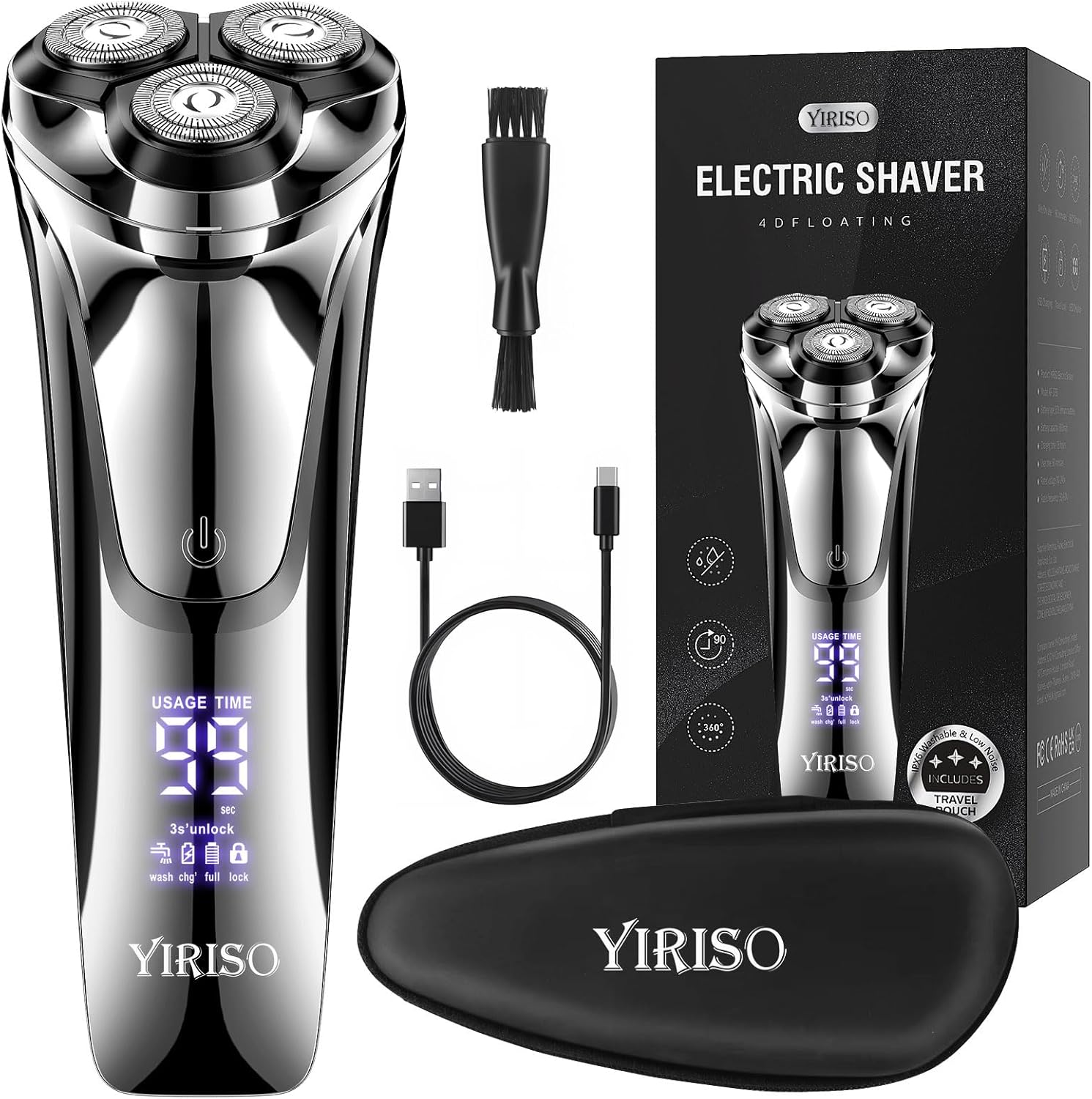 YIRISO Electric Razor for Men – 90 Min Long Lasting Rotary Shaver with 4D Floating Head and LCD Display – Ultra Smooth for Sensitive Skin – IPX6 Waterproof – USB C Fast Charge – with Travel Case – Ideal Gift - Buy Online at SimraCart