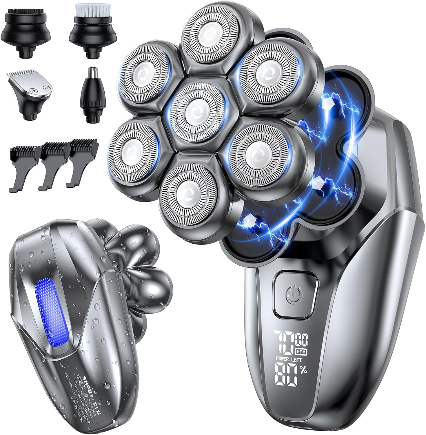 Head Shavers for Bald Men – 5 in 1 Electric Shaver Grooming Kit – 7D Floating IPX7 Waterproof Rechargeable Wet Dry Razor for Skull Bald Head and Body Hair – with Massager – Gray - Buy Online at SimraCart