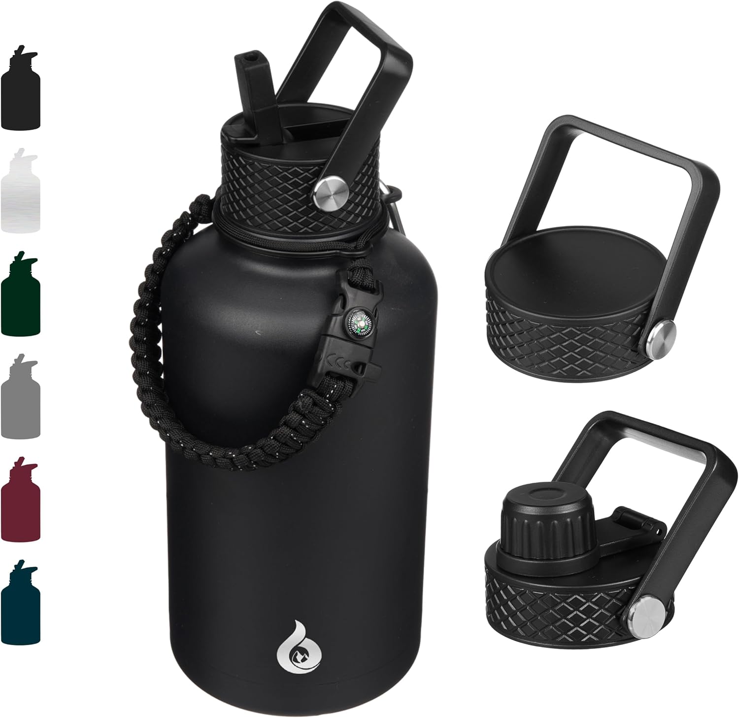 BJPKPK 64 oz Half Gallon Insulated Water Bottle with Straw Lid – Durable Stainless Steel Water Jug with 3 Lids & Paracord Handle – Hot & Cold – Black - Buy Online at SimraCart