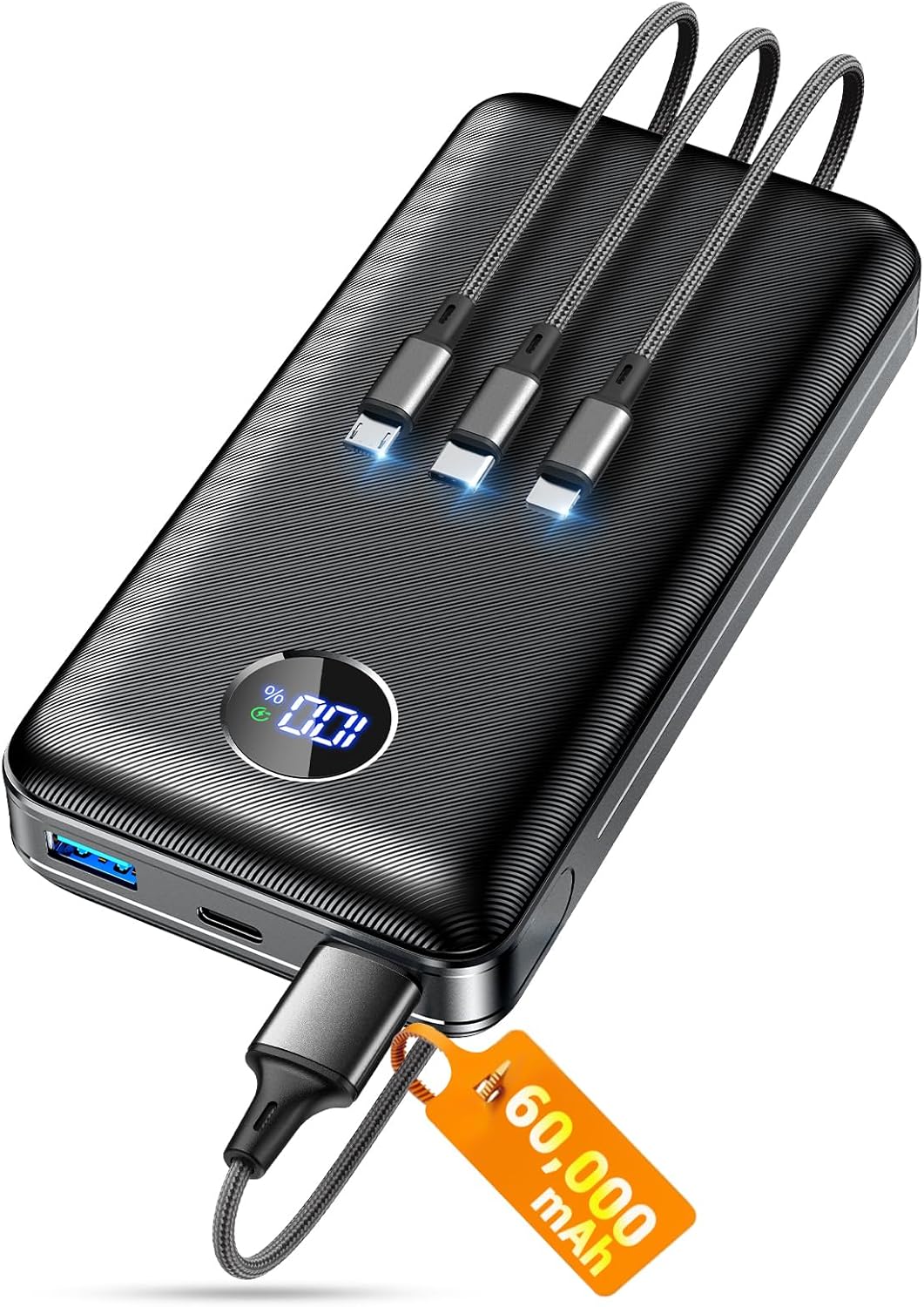 Portable Charger Power Bank 60000mAh – 22.5W Fast Charging Battery Pack with 3-in-1 Built-in Cable (USB-C/Lightning/Micro-USB), Charge 5 Devices at Once, Travel & Camping Essential Powerbank for iPhone 17 16 15, Samsung Galaxy, Android – Ebony Black
