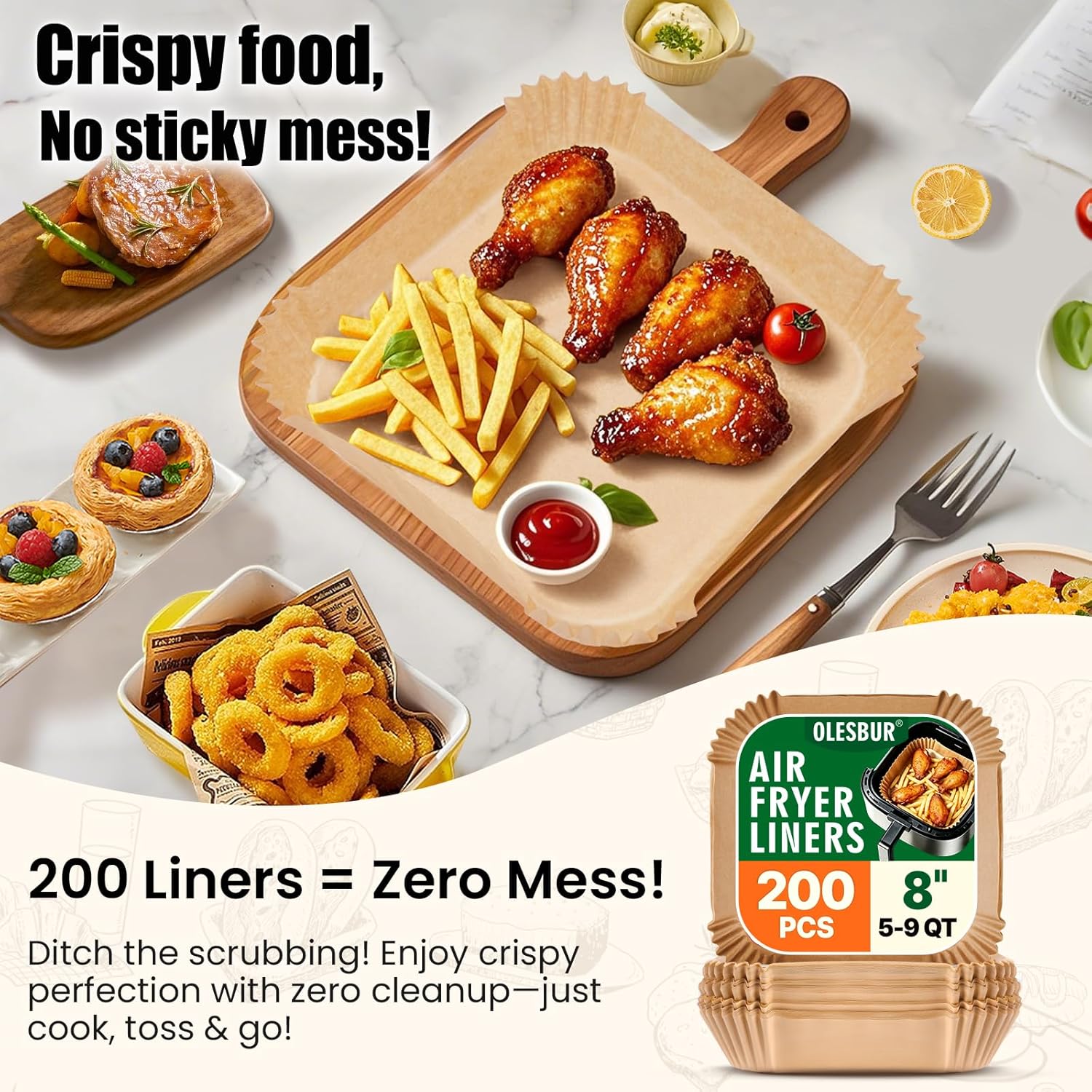 OLESBUR Air Fryer Liners Disposable 200Pcs 8 Inch – Unbleached Parchment Paper for Air Fryer Basket, Non-Stick Airfryer Accessories, Baking Liners & Parchment Paper Sheets - Image 5