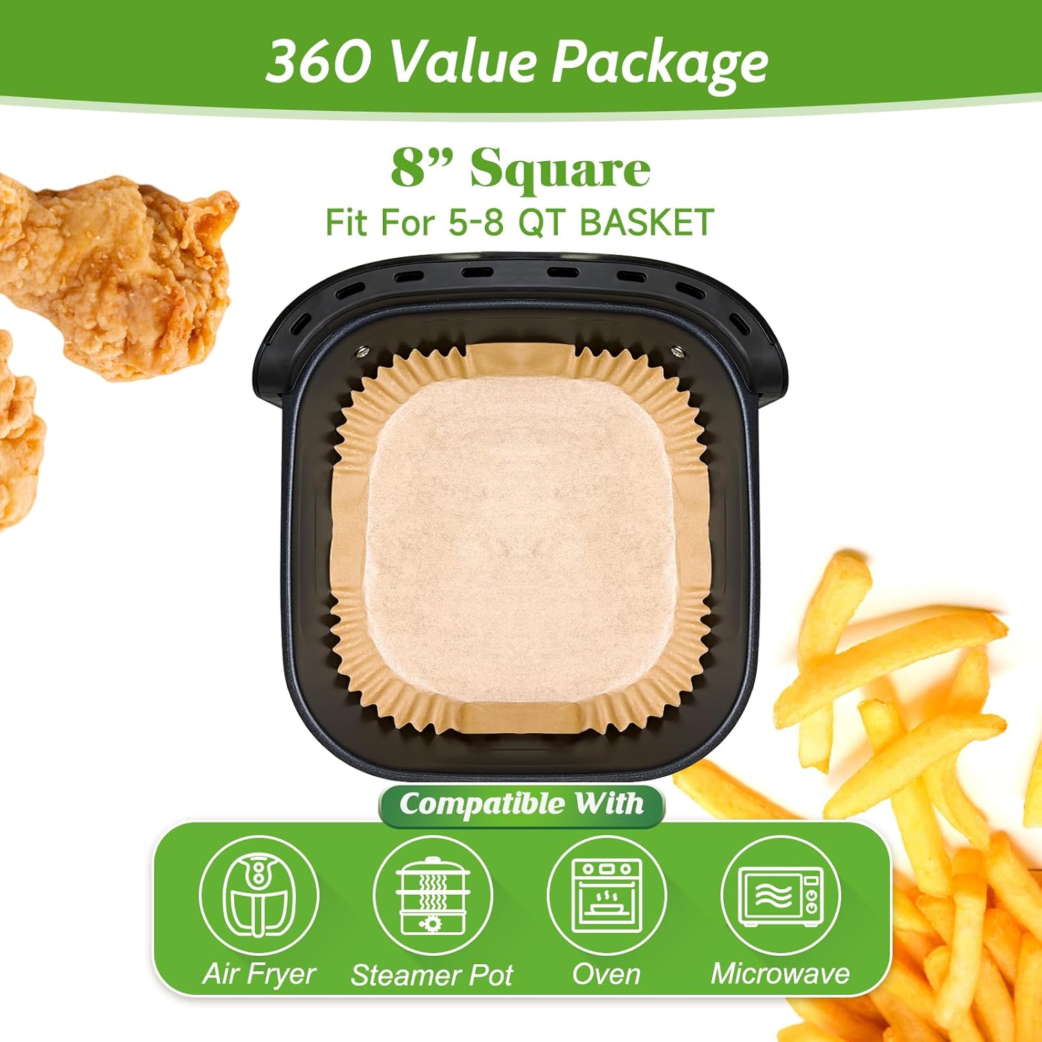 360 Pcs 8” Square Unbleached Heavy Duty Air Fryer Paper Liners Disposable – Non-Stick Non-Leak Parchment Paper for Airfryer Basket, Deep Fryer Parts & Accessories - Image 2