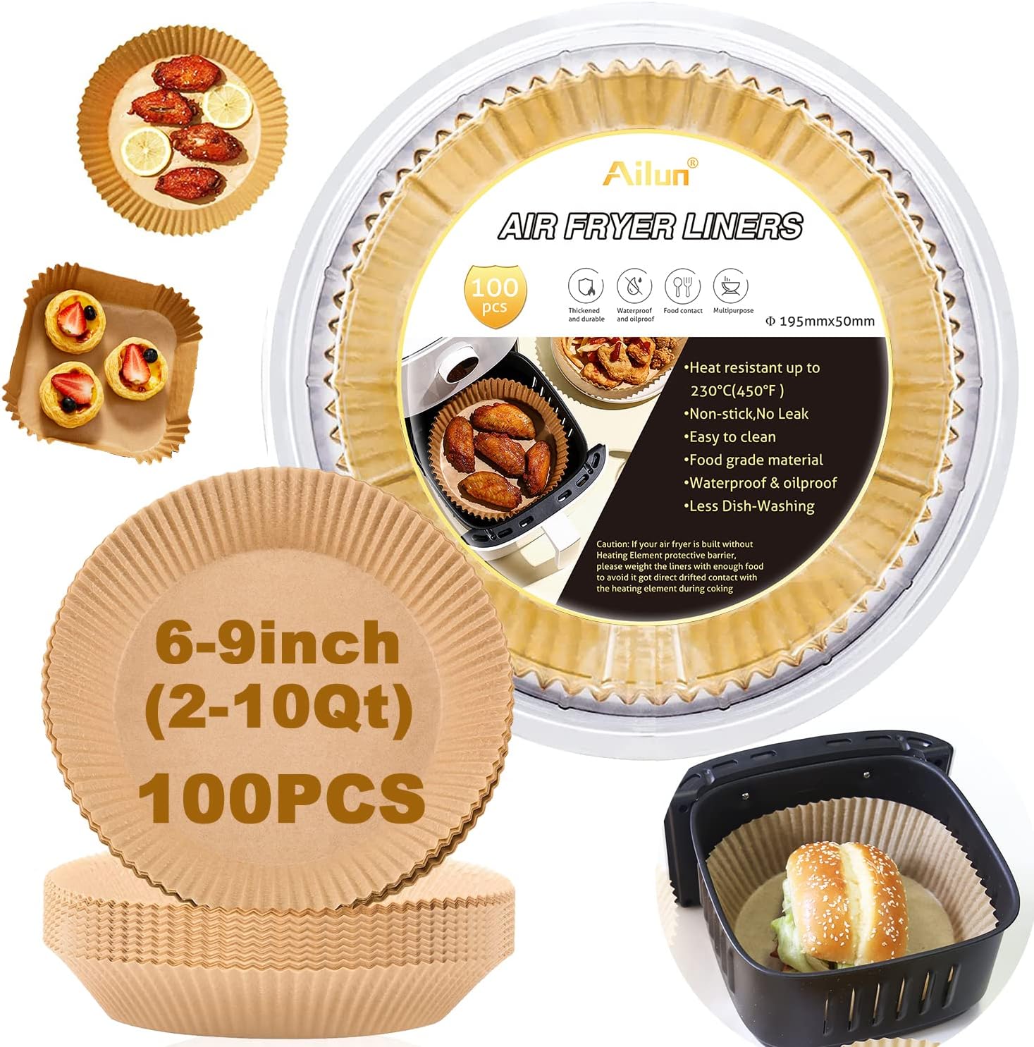 Ailun Air Fryer Paper Liners 8inch, 100PCS Non-Stick Parchment Paper, Oil Resistant Disposable Food Grade Free of Bleach Paper Round for 5-8 QT Air Fryer Baking Roasting Microwave - Buy Online at SimraCart