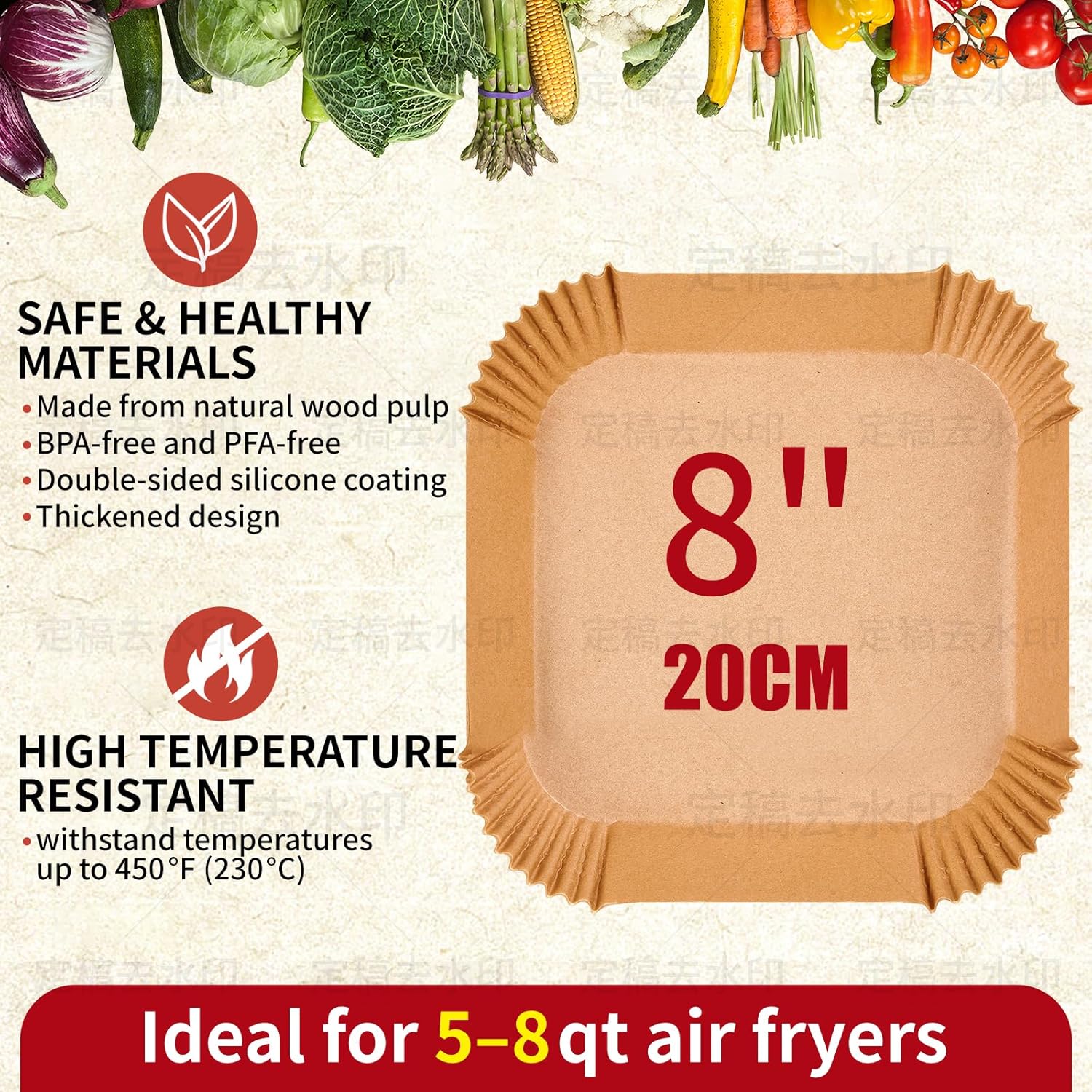 40GSM Air Fryer Paper Liners, 125Pcs 8 Inch Disposable Parchment Paper for 5-8 qt Basket Air Fryer, Non-Stick Oil-Proof Heat Resistant Food Grade for Cooking, Roasting & Frying, Square 8" - Image 2