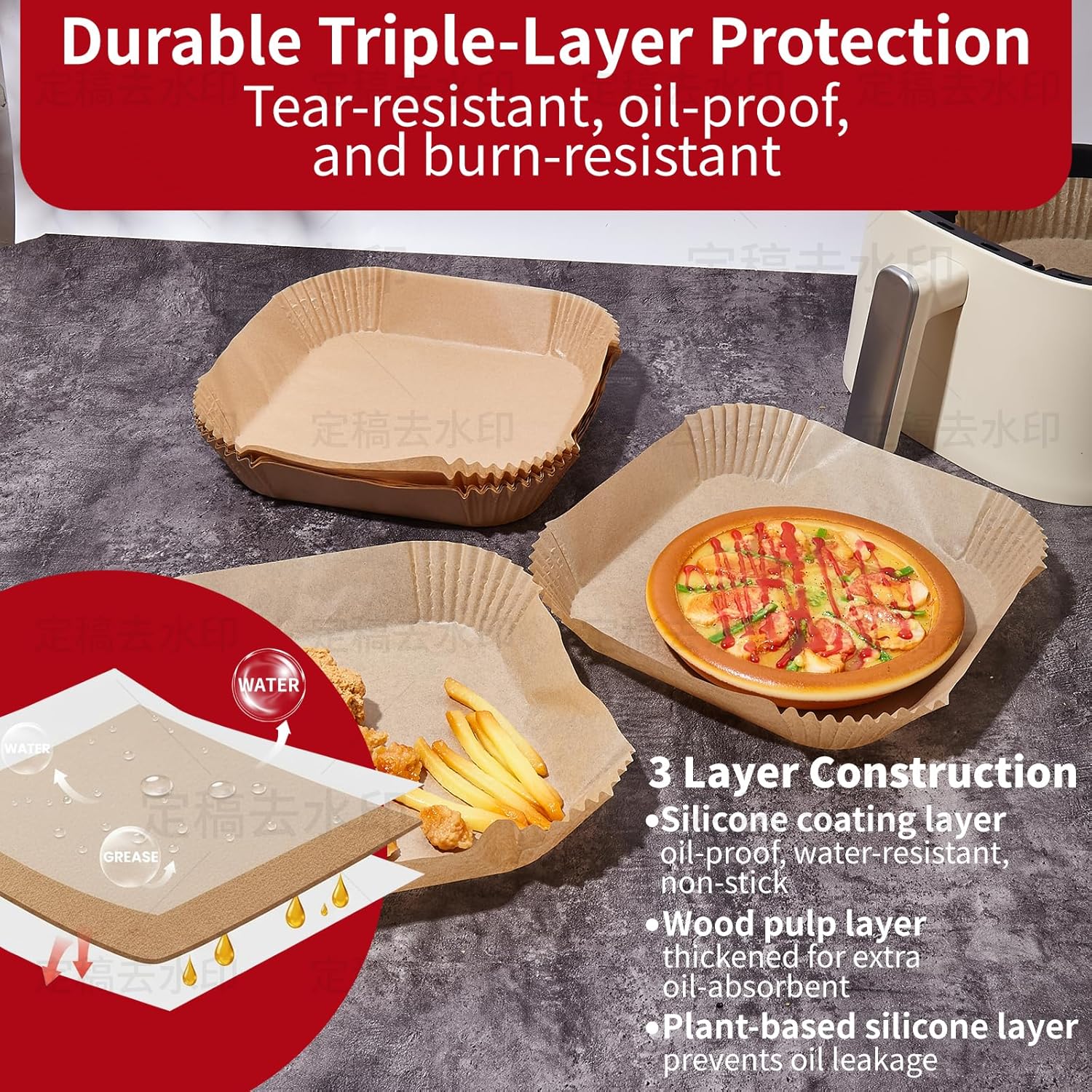 40GSM Air Fryer Paper Liners, 125Pcs 8 Inch Disposable Parchment Paper for 5-8 qt Basket Air Fryer, Non-Stick Oil-Proof Heat Resistant Food Grade for Cooking, Roasting & Frying, Square 8" - Image 3