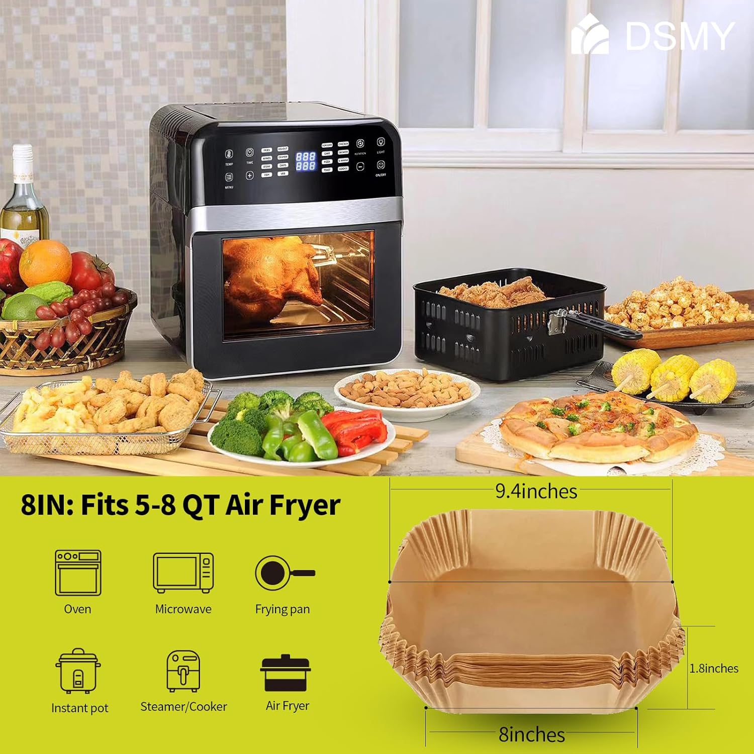 150 PCS Air Fryer Disposable Paper Liners, 8 Inch Square Parchment Disposable Paper Liner for 5-8QT Air Fryer, Baking, Roasting and Microwave, Non-Stick Airfryer Accessories - Image 5