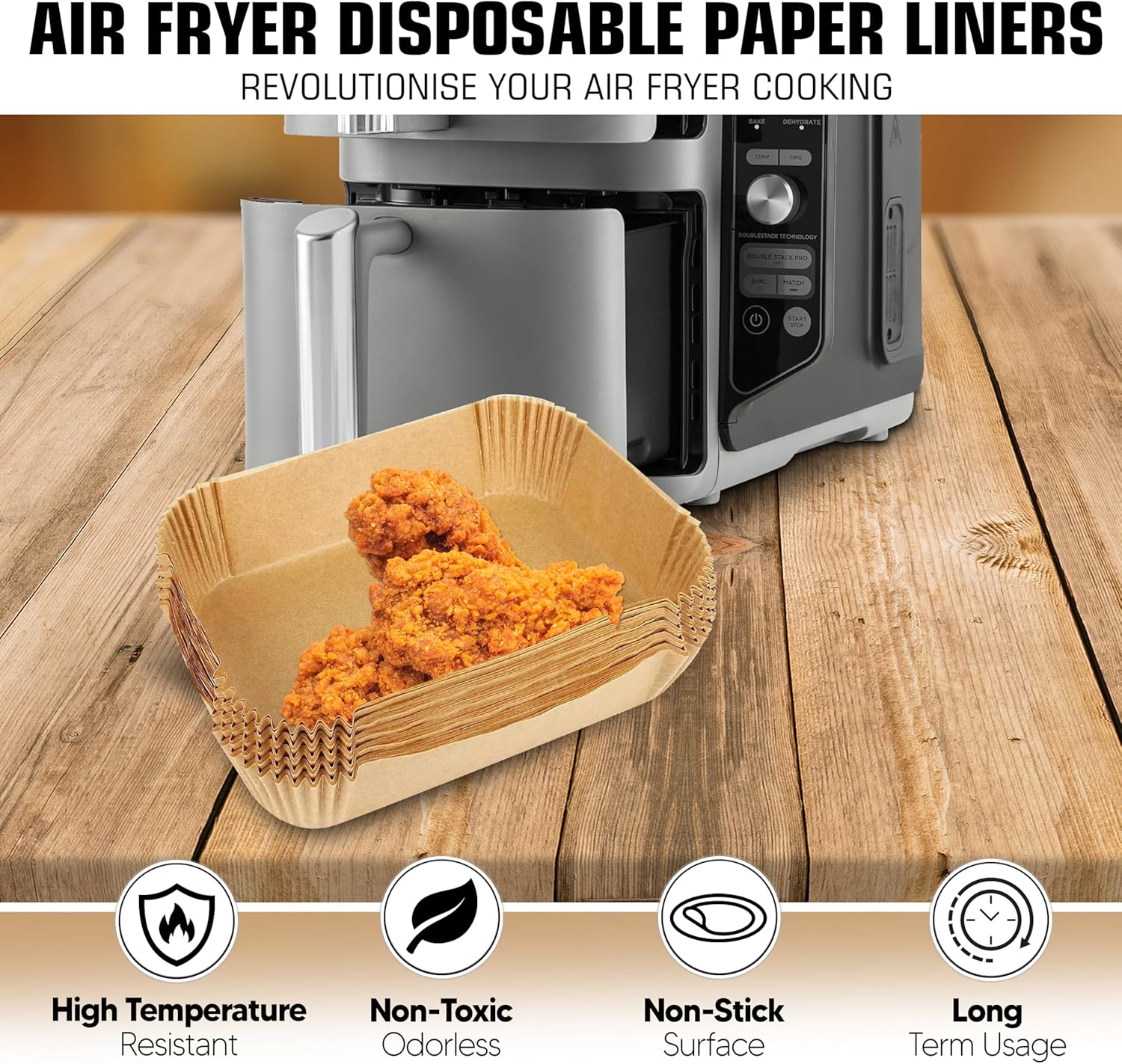 Air Fryer Liners for Ninja DoubleStack SL401 8-10QT: 150pcs Disposable Paper Liners, Compatible with Ninja SL401 and SL201 Double Stack by FryEasy - Image 3