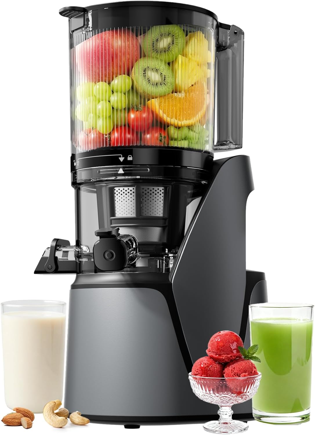EanOruus Juicer Machines, 3-in-1 Cold Press Juicer with 6.5" Extra Large Chute, 100oz Large Capacity, AC Motor, Makes Juice, Nut Milk & Sorbet, Premium Gray - Buy Online at SimraCart
