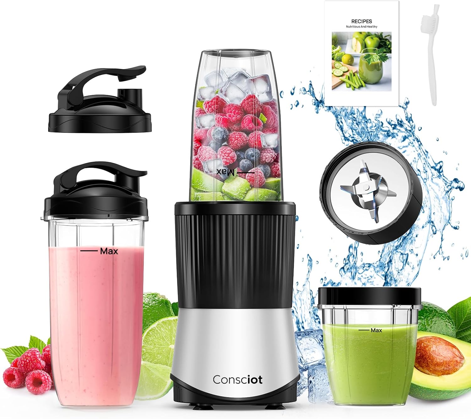 Consciot CB08 11-Piece Blender for Kitchen and Personal Size, Blend Shakes and Smoothies, Frozen Drinks, Baby Food, Spreads & More, 3 Portable To-Go Cups & 2 Spout Lids & 1 Solid Lid, 900 Peak Watts - Buy Online at SimraCart