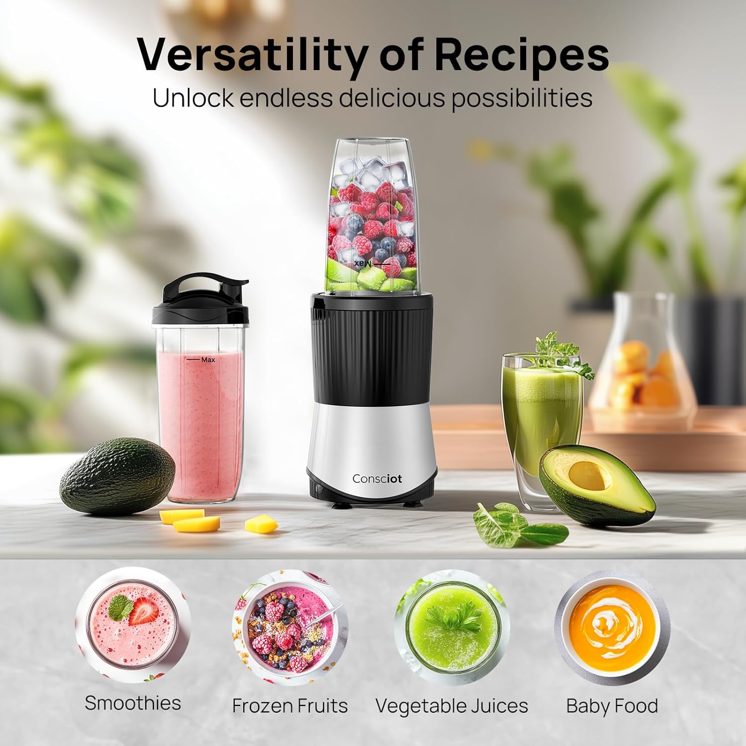 Consciot CB08 11-Piece Blender for Kitchen and Personal Size, Blend Shakes and Smoothies, Frozen Drinks, Baby Food, Spreads & More, 3 Portable To-Go Cups & 2 Spout Lids & 1 Solid Lid, 900 Peak Watts - Image 3