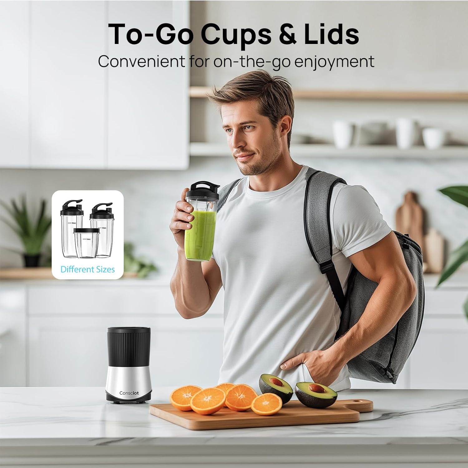 Consciot CB08 11-Piece Blender for Kitchen and Personal Size, Blend Shakes and Smoothies, Frozen Drinks, Baby Food, Spreads & More, 3 Portable To-Go Cups & 2 Spout Lids & 1 Solid Lid, 900 Peak Watts - Image 5