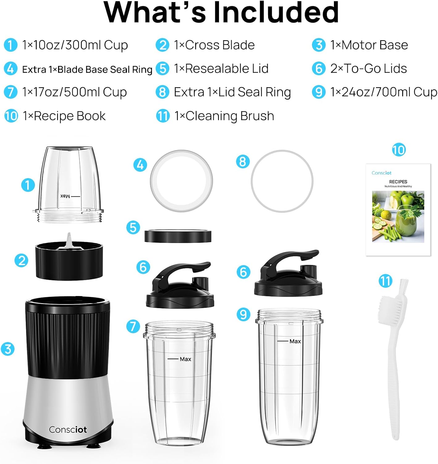 Consciot CB08 11-Piece Blender for Kitchen and Personal Size, Blend Shakes and Smoothies, Frozen Drinks, Baby Food, Spreads & More, 3 Portable To-Go Cups & 2 Spout Lids & 1 Solid Lid, 900 Peak Watts - Image 6