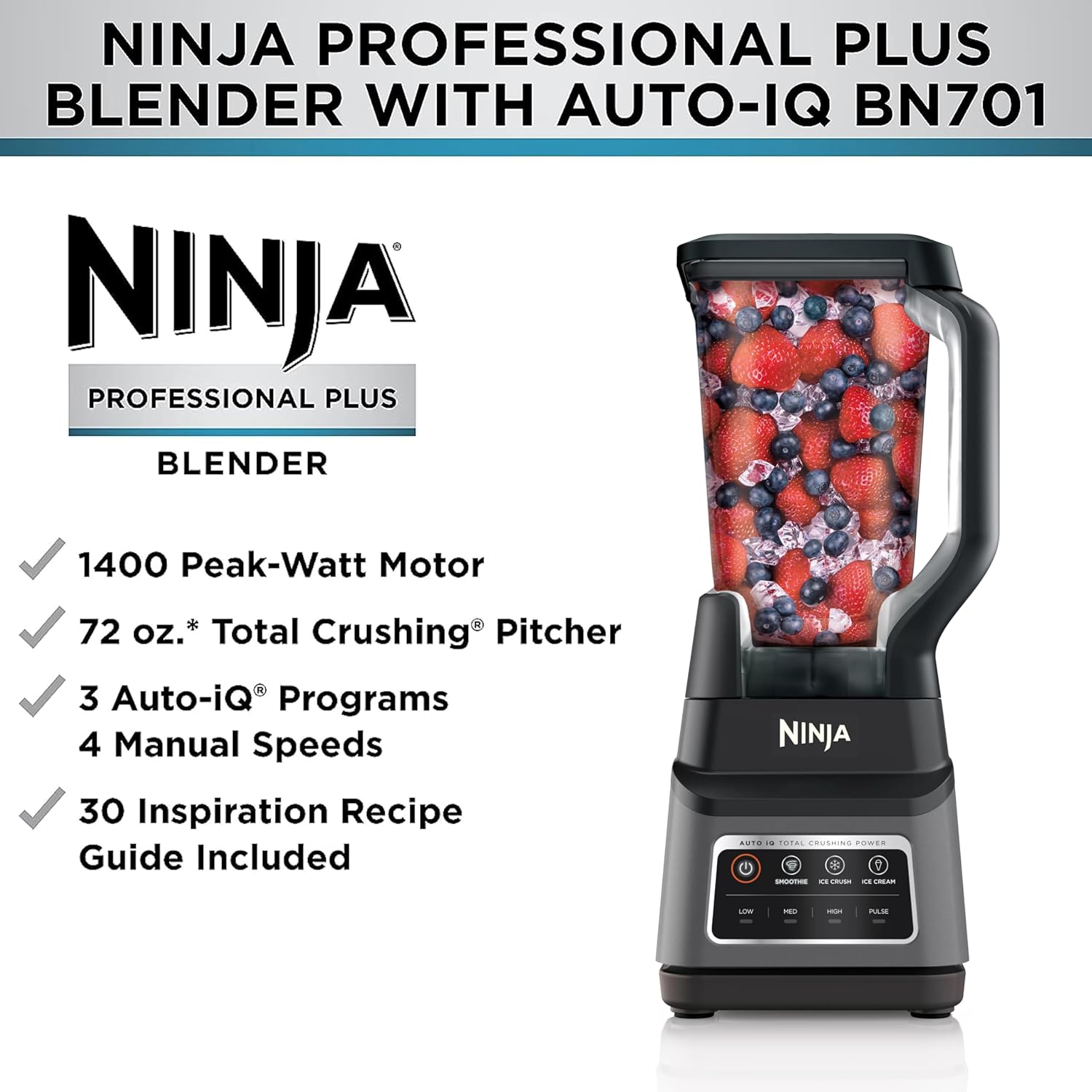 Ninja Professional Plus Blender with Auto-iQ | Smoothie and Ice Cream Maker, Frozen Drink Mixer, Margarita Machine | 3 Auto-iQ Presets, 1400W, 72-oz. Total Crushing Pitcher | Dark Grey | BN701 - Image 3