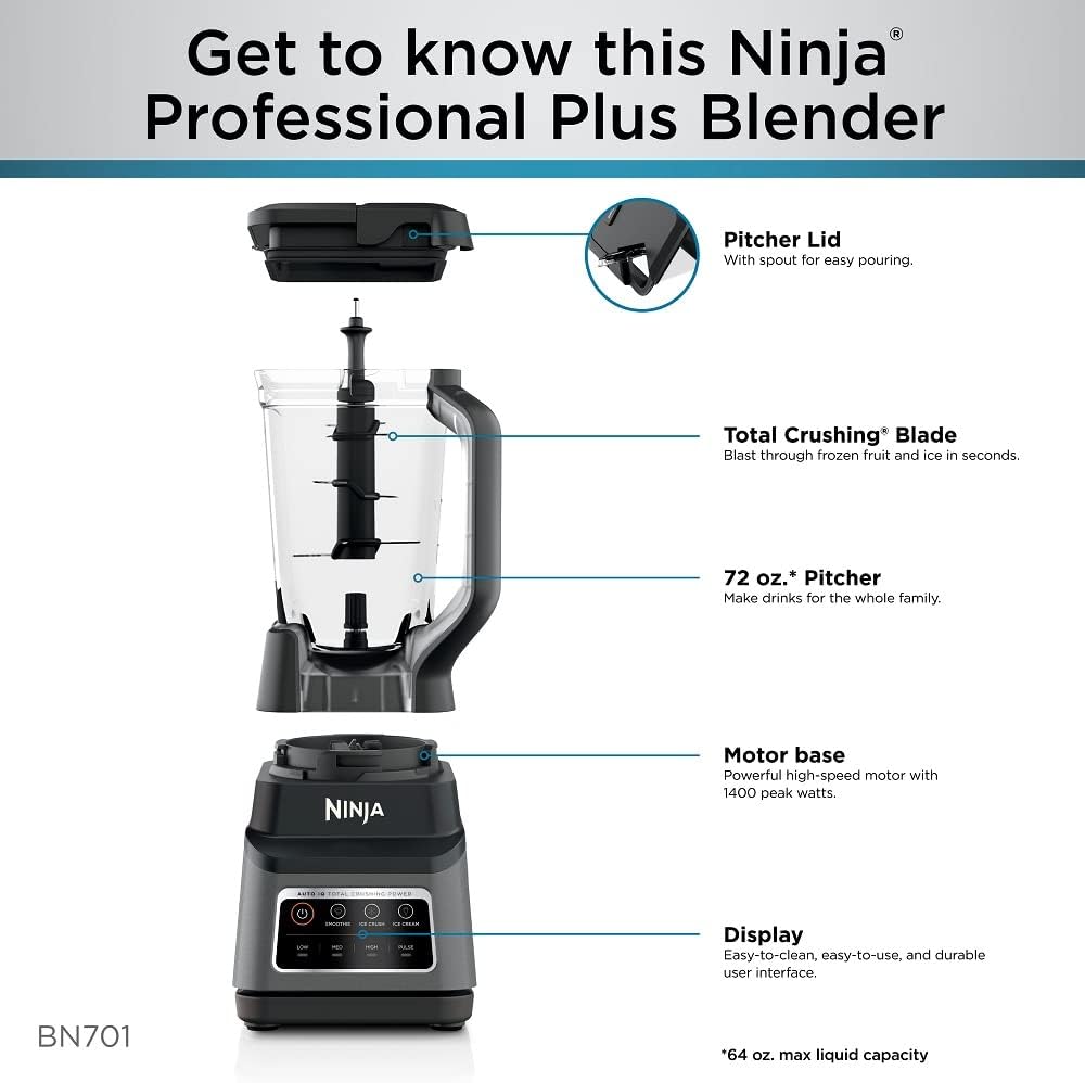 Ninja Professional Plus Blender with Auto-iQ | Smoothie and Ice Cream Maker, Frozen Drink Mixer, Margarita Machine | 3 Auto-iQ Presets, 1400W, 72-oz. Total Crushing Pitcher | Dark Grey | BN701 - Image 6