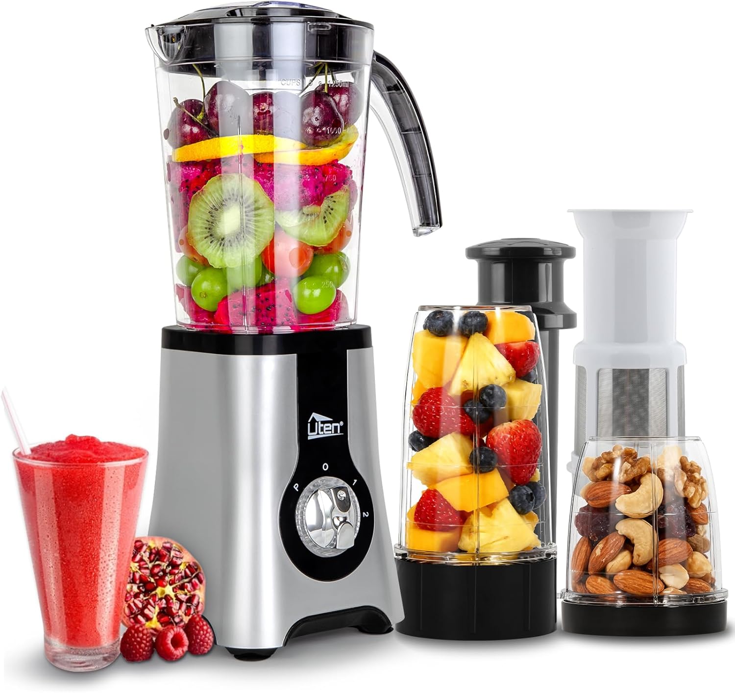 Uten 5-in-1 Smoothie Blender 42 oz/1.25L, Multi-Functional Mixer, Smoothie Maker, Juicer, Grinder with 304 Stainless Steel Blades, BPA-Free, Dishwasher Safe, Includes 3 Blender Cups & 2 Travel Bottles - Buy Online USA | SimraCart