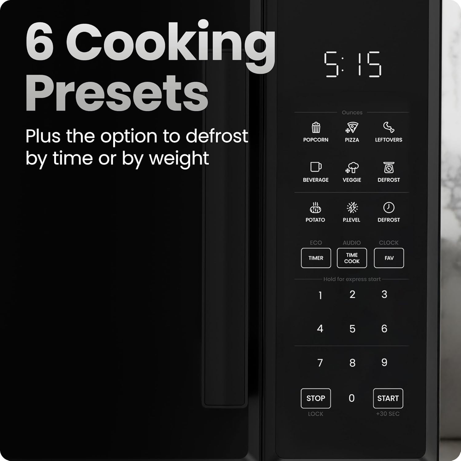 Chefman Countertop Microwave Oven 0.9 Cu. Ft., 900 Watts with 10 Power Levels, 6 Cooking Presets with One-Touch Express Cook, Eco Mode, Child Safety Lock, & Mute Button - Black - Image 3
