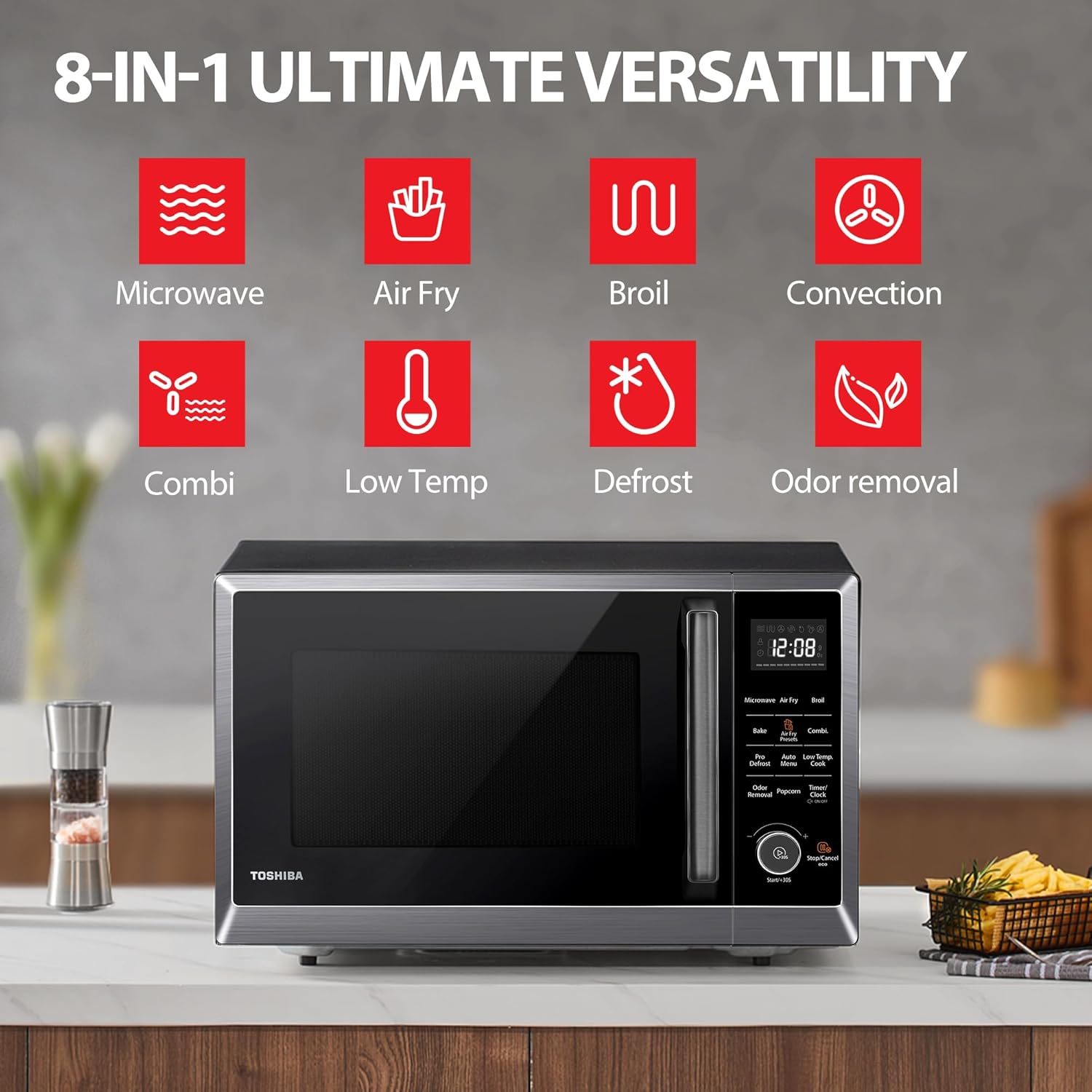 Toshiba Air Fryer Combo 8-in-1 Countertop Microwave Oven with Convection, Broil, Odor Removal, 12.4" Position Memory Turntable, Child Lock, 1.0 Cu.ft, Black Stainless Steel, ML2-EC10SA(BS) - Image 4