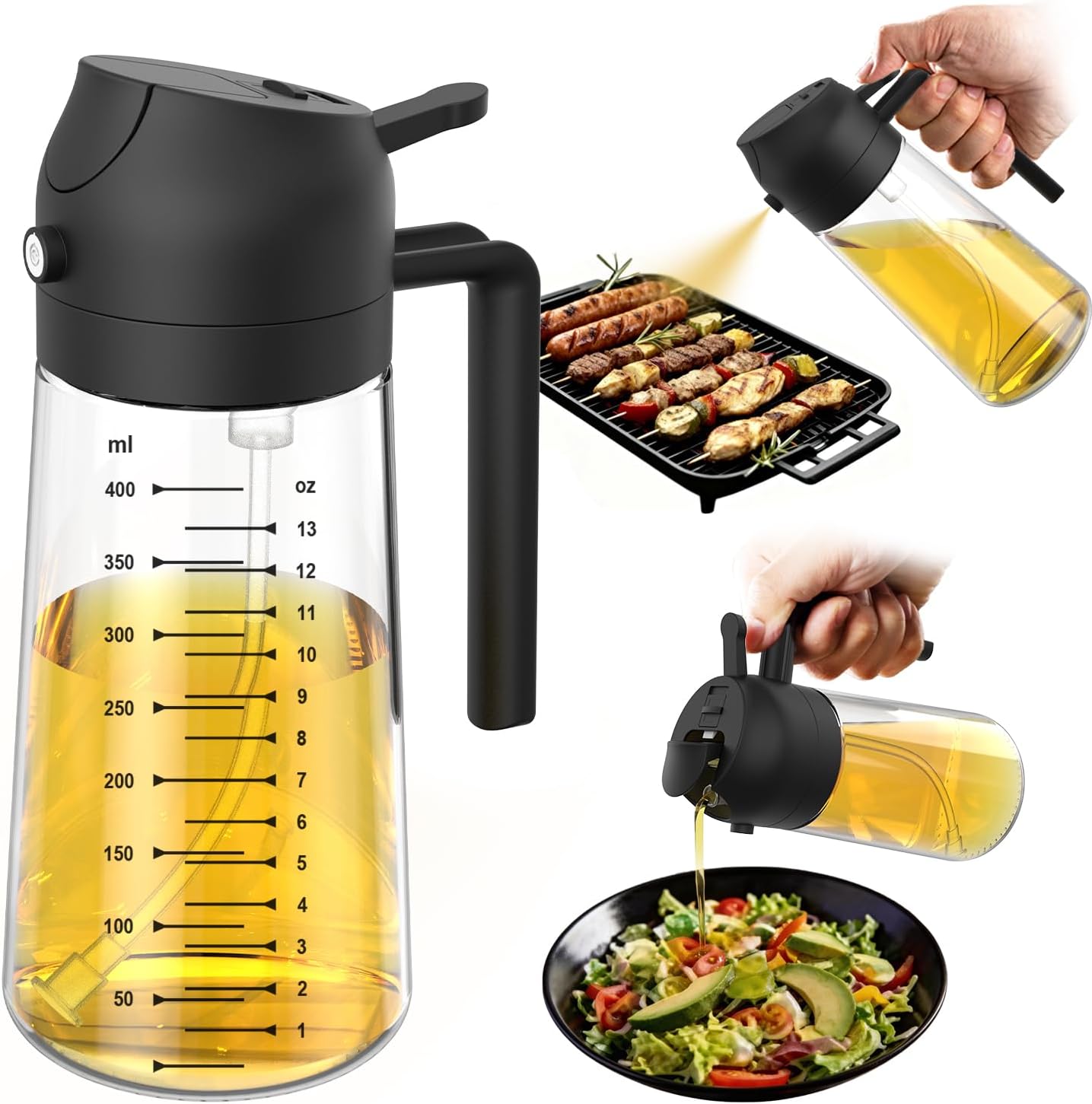 16oz/470ml Glass Olive Oil Sprayer for Cooking – 2 in 1 Oil Dispenser for Air Fryer, Salad, BBQ – Black - Buy Online at SimraCart