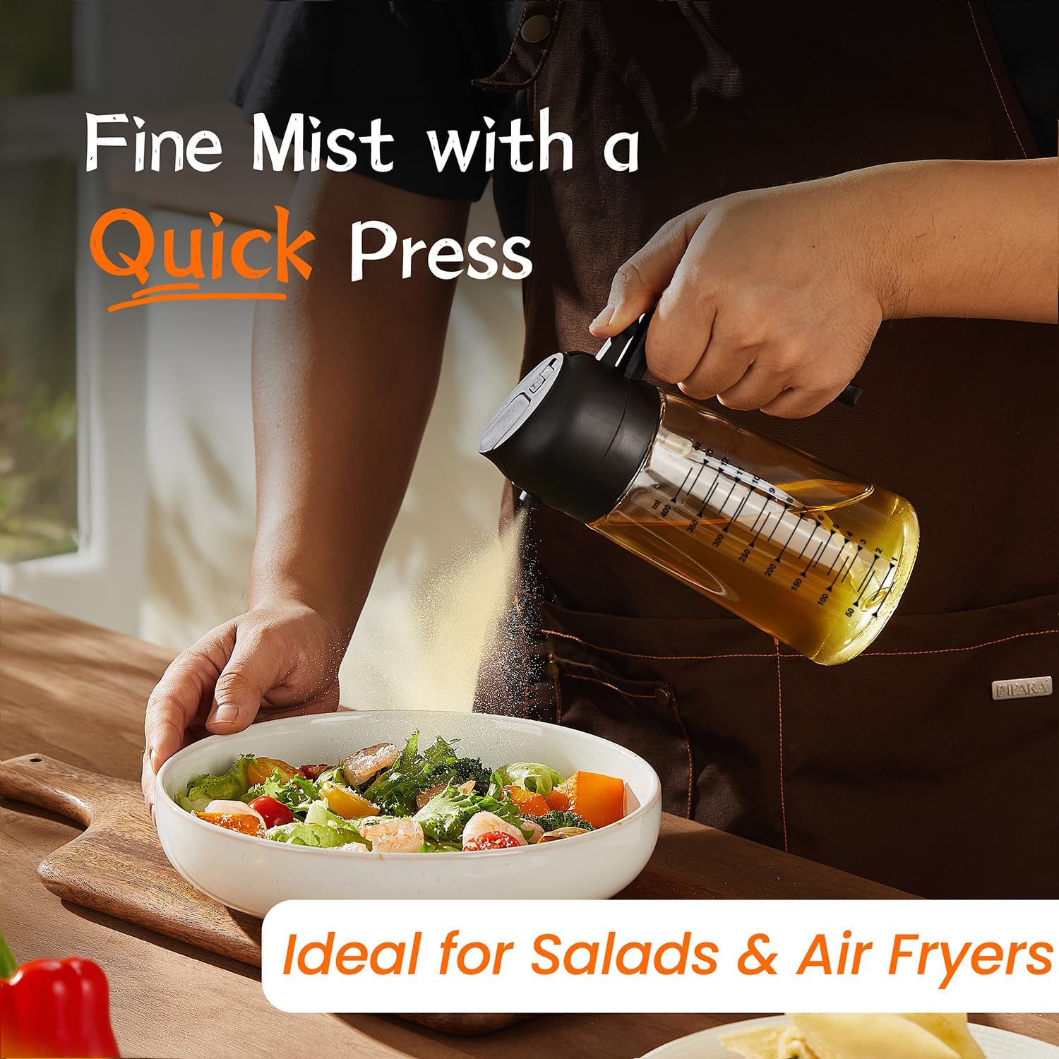 16oz/470ml Glass Olive Oil Sprayer for Cooking – 2 in 1 Oil Dispenser for Air Fryer, Salad, BBQ – Black - Image 2