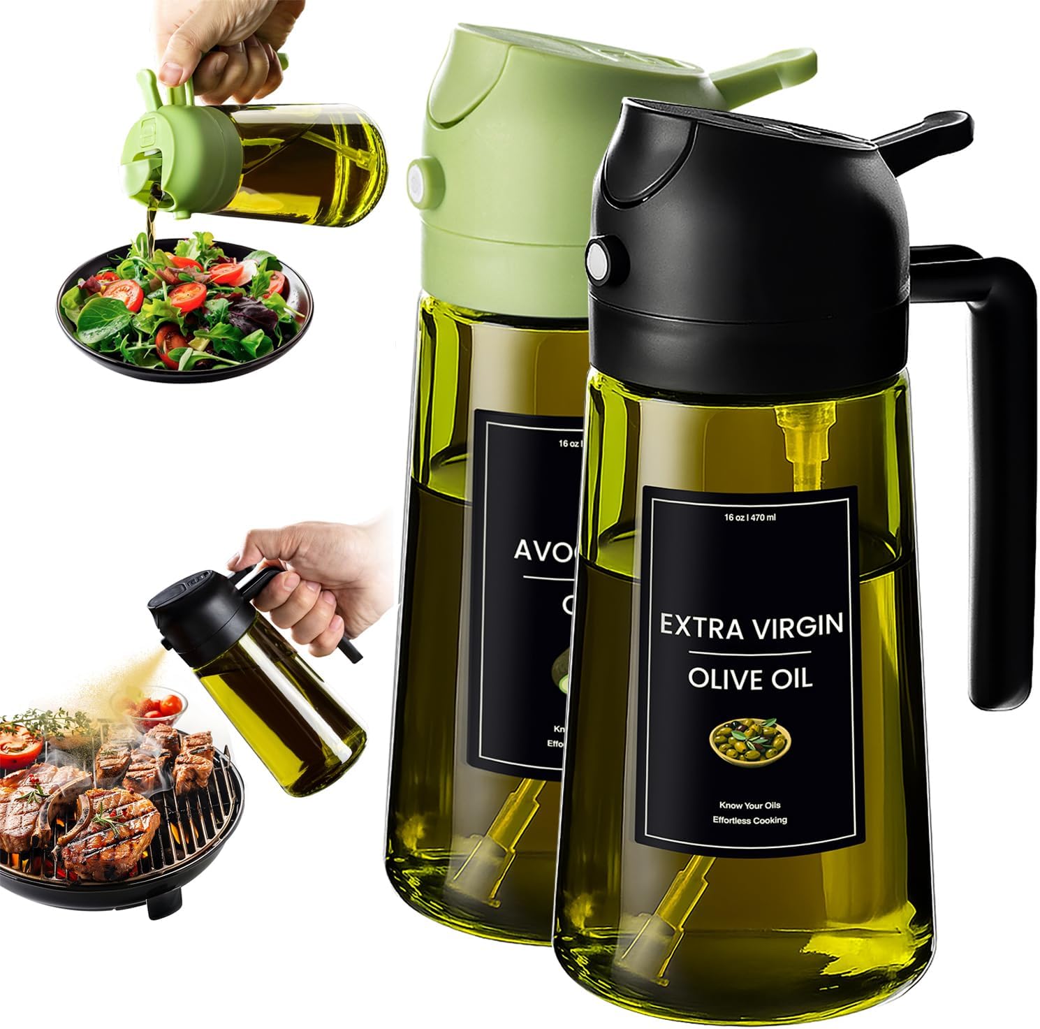 16oz Olive Oil Dispenser with Stickers – 2 in 1 Sprayer for Cooking, Air Fryer & Salad – Black&Green Light-Proof Kitchen Gadget - Buy Online USA | SimraCart