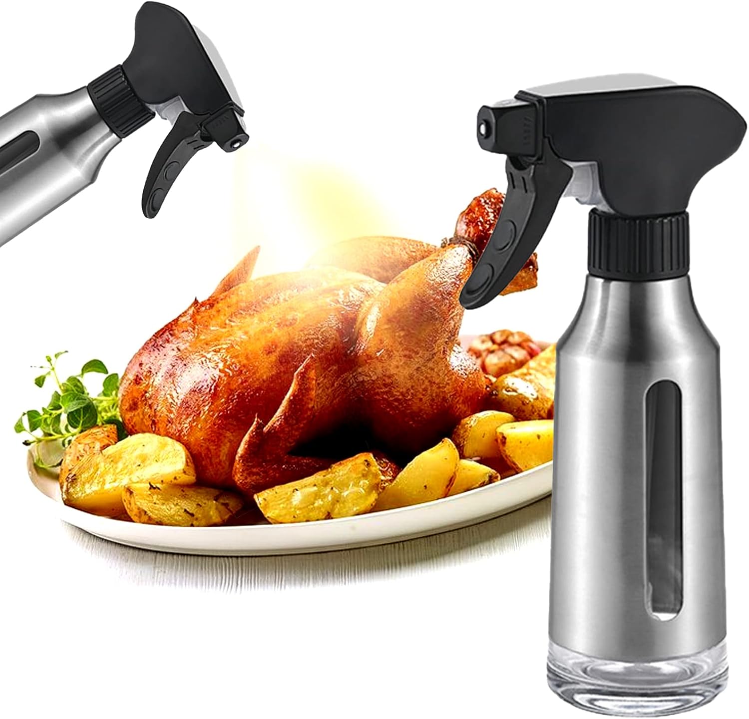 Oil Sprayer for Cooking – Stainless Steel & Glass Olive Oil Mister for Air Fryer with Black Nozzle – 180ml Fat Reduction Oil Control Spray Pot