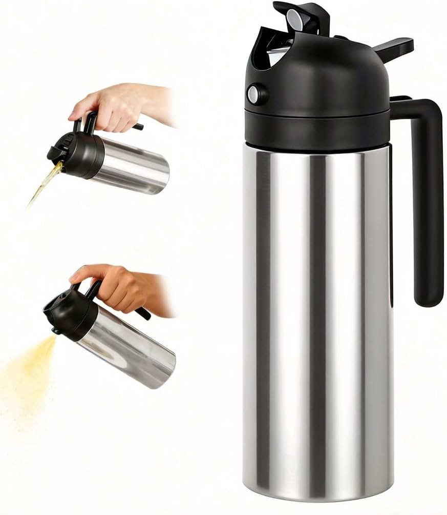 2-in-1 Oil Dispenser and Oil Sprayer – 16oz/470ml Stainless Steel Olive Oil Sprayer Bottle for Kitchen Cooking, Air Fryer, BBQ, Salad, Baking