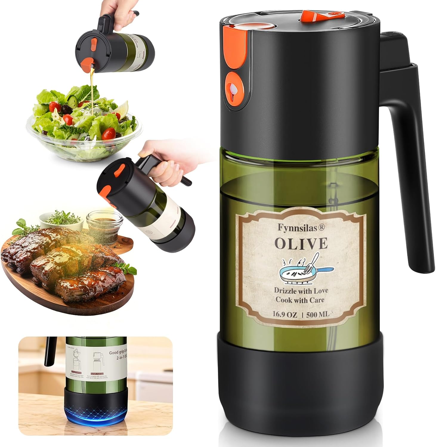 2-IN-1 Oil Sprayer for Cooking with 8 Stickers – Light-Blocking Dark Glass Olive Oil Dispenser Bottle 500ml – Oil Mister for Air Fryer, BBQ, Salad with Portion Control
