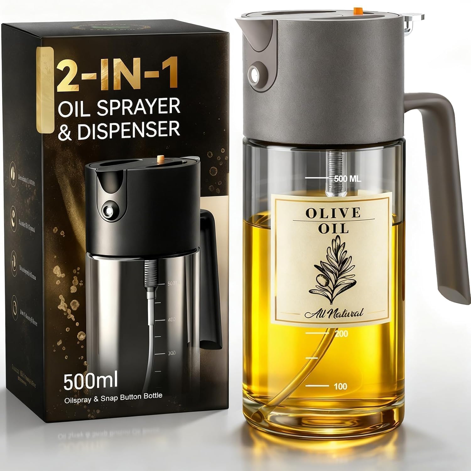 Professional 500ml Glass Oil Sprayer – 3-in-1 Kitchen Tool: Fine Mist, Stream & Pour – Leak-Proof Design for Air Fryer, BBQ & Cooking – BPA-Free