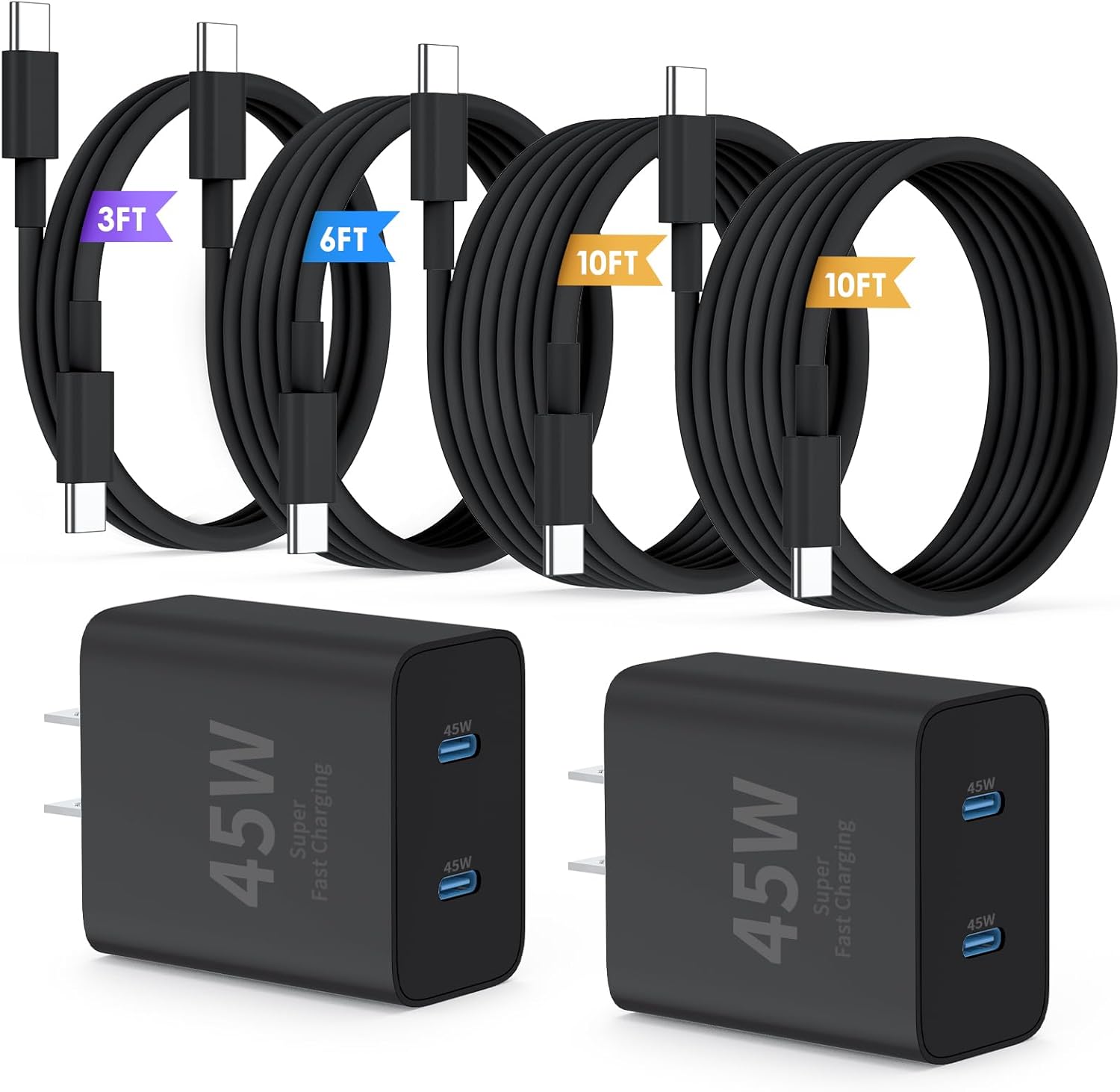 Super Fast Samsung Charger Type C, 45w Dual Port Usb C Fast Charger Block [2-pack] & Extra Long 60w 3/6/10/10ft Usb C Cable - Pd Quick Charging 3.0 For Samsung Galaxy S25 Ultra/s24+/s23 Iphone 16 - Best Deals USA | SimraCart