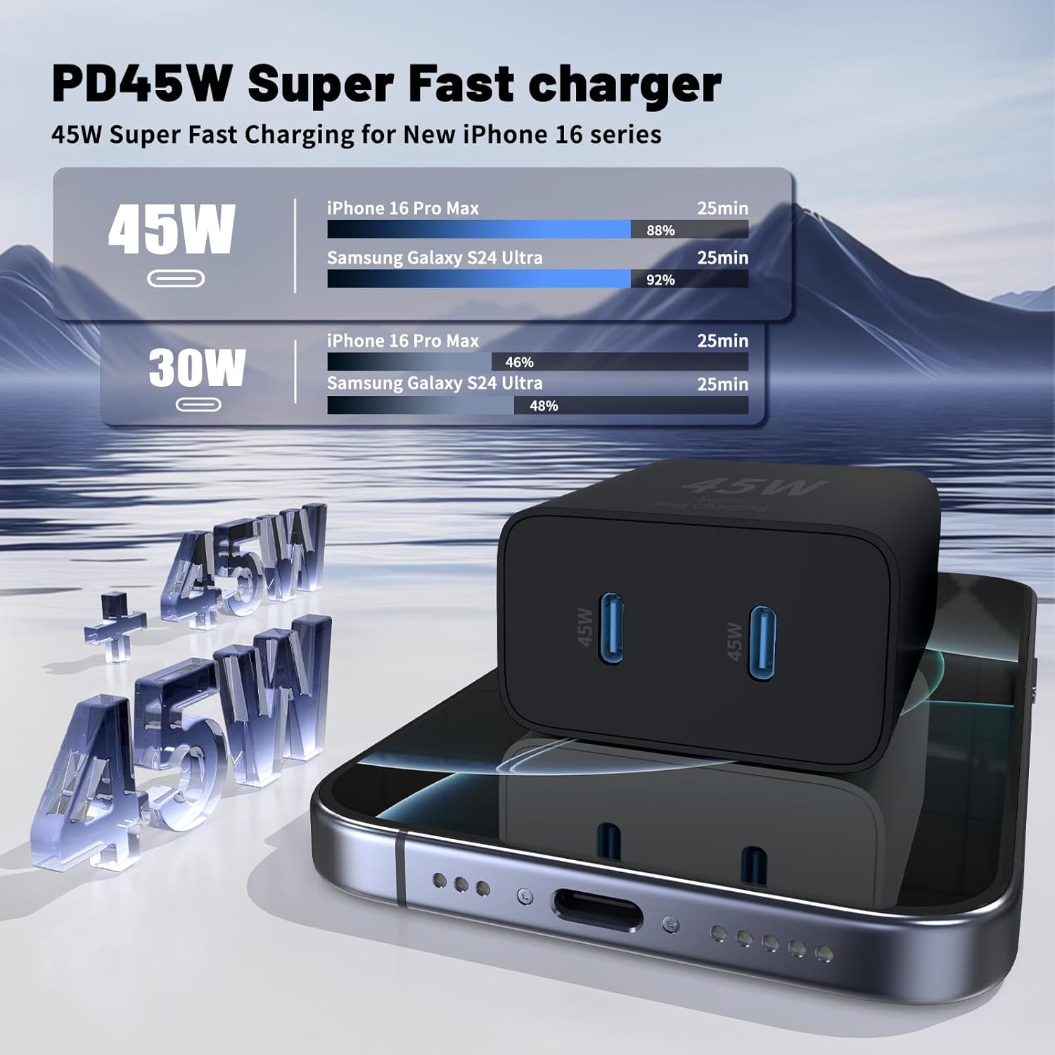 Super Fast Samsung Charger Type C, 45W Dual Port USB C Fast Charger Block [2-Pack] & Extra Long 60W 3/6/10/10FT USB C Cable - PD Quick Charging 3.0 For Samsung Galaxy S25 Ultra/S24+/S23 iPhone 16 - Image 3